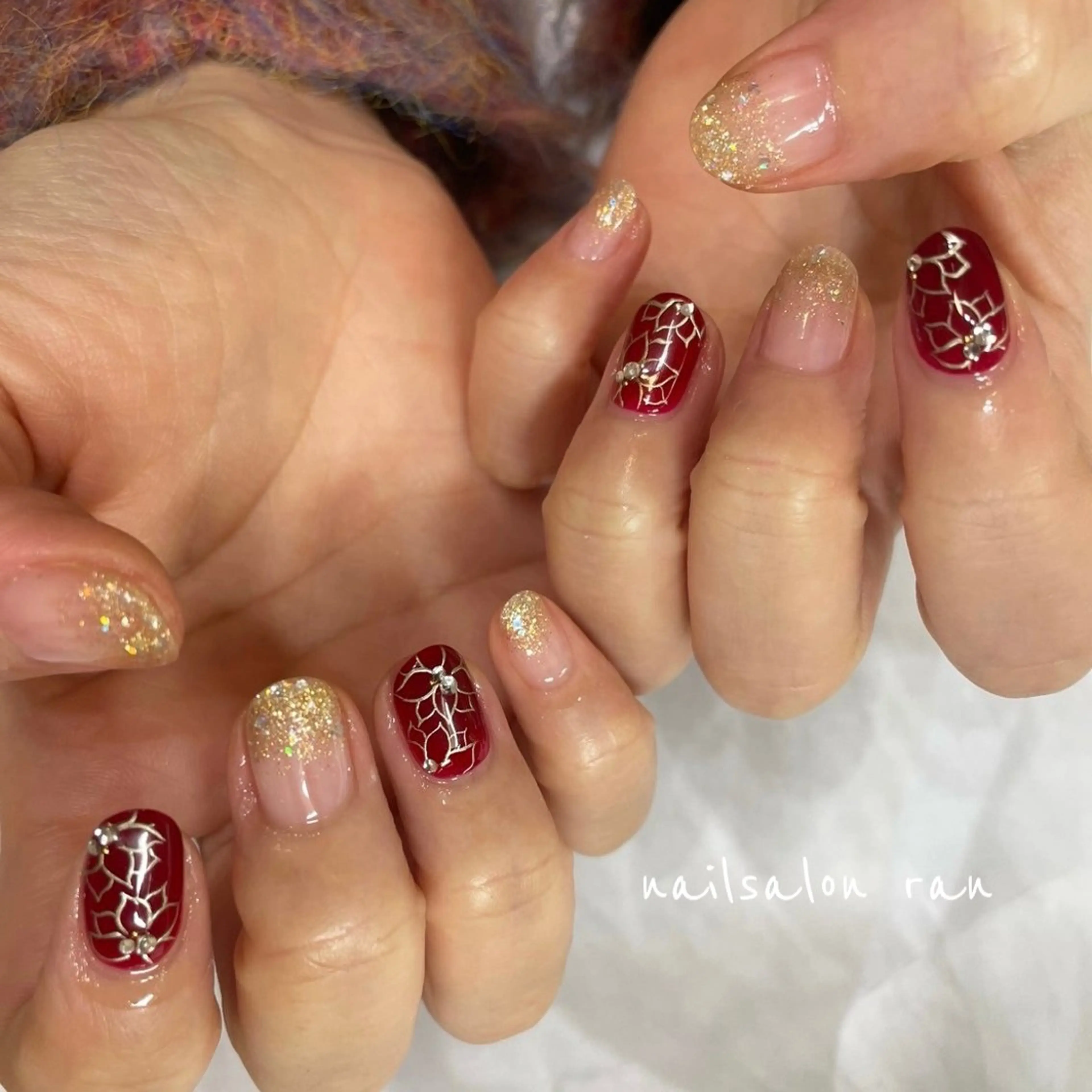 ネイル アートネイル ボルドー ゴールド ハンドネイル ハンドケア nailsalon ranのネイルデザイン