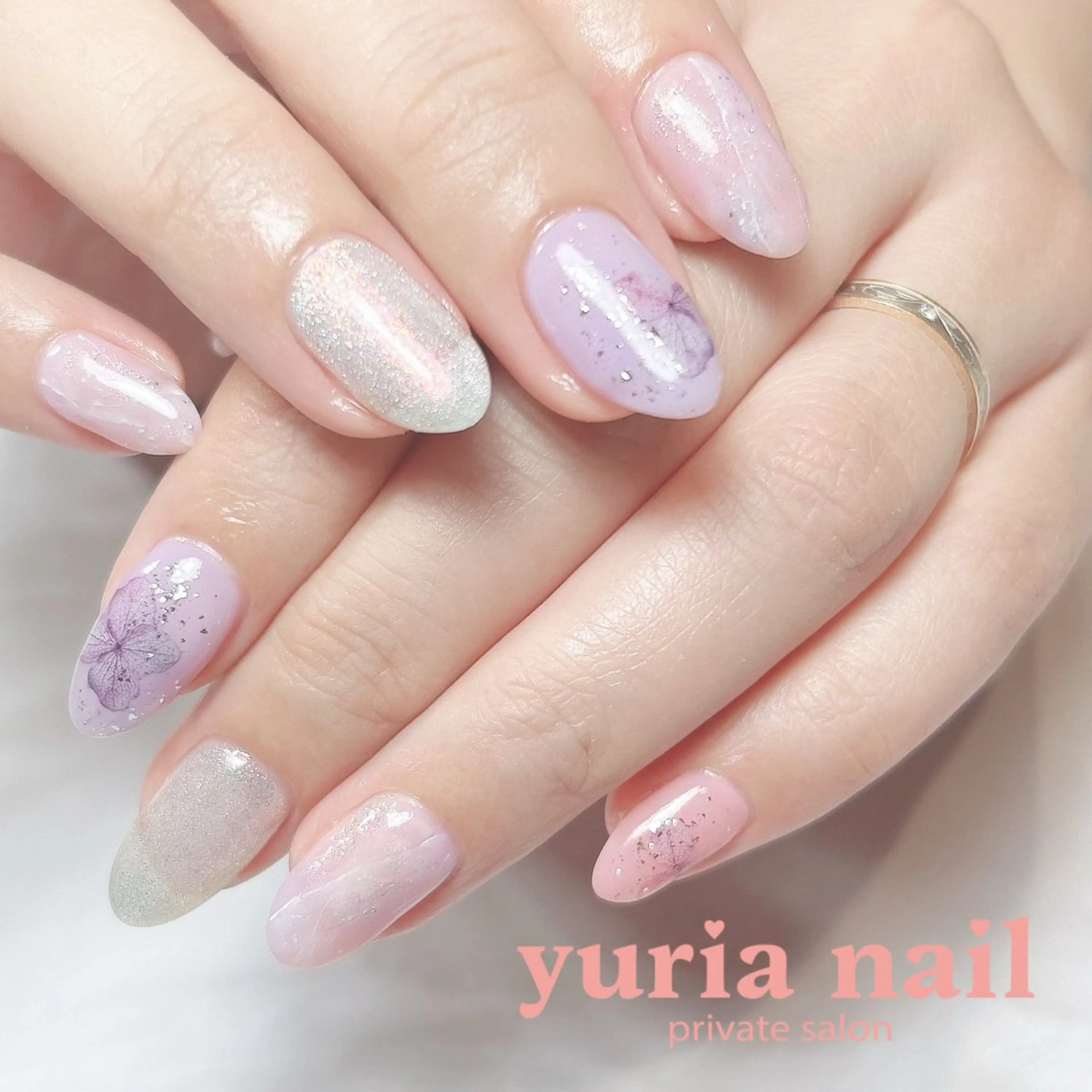 ネイル ジェルネイル 大理石ネイル(マーブル) ニュアンスネイル ピンク パープル ハンドネイル 小林 ゆりあのネイルデザイン