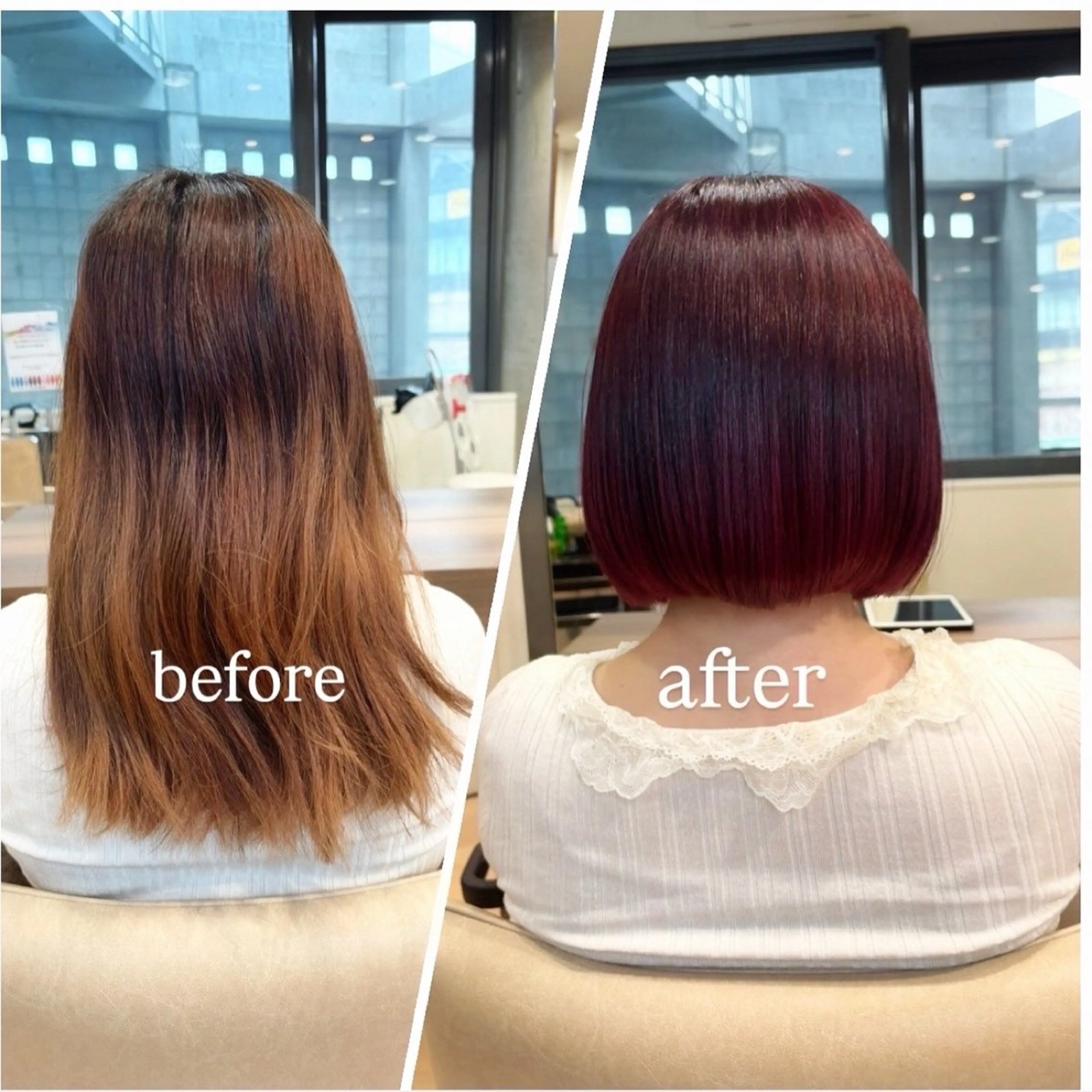 ショート カラー ブリーチ ボルドーカラー グラデーションカラー ボブ ✨ケアブリーチカラー ✨️透明感カラーのヘアスタイル