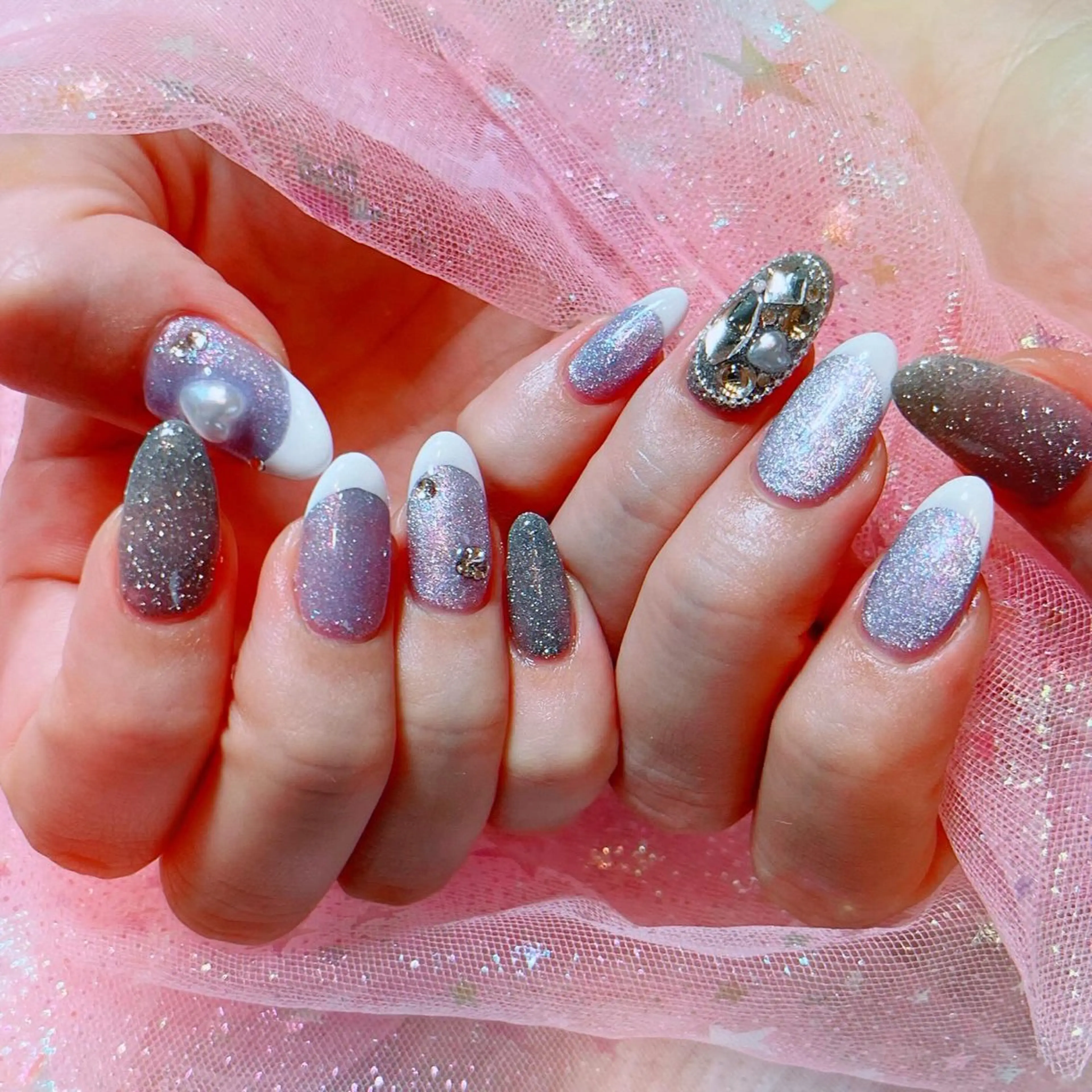 ネイル フラッシュネイル フレンチネイル キラキラネイル 水色 ruirui.naildesign所属・RUI ☆のネイルデザイン