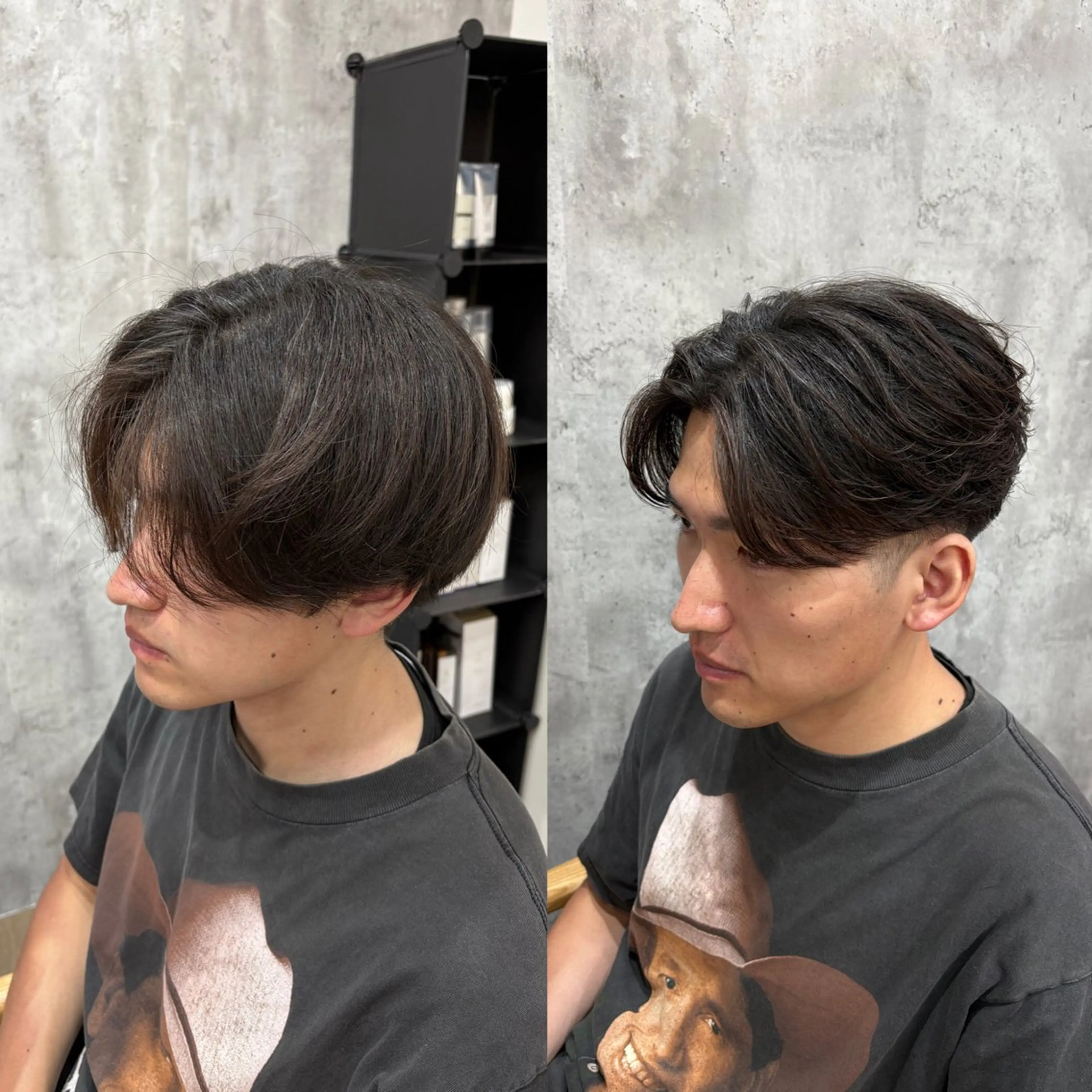 ショート パーマ メンズ センターパート メンズパーマ ショートヘア ニュアンスパーマ カット パーマ 毛流れヘアの達人 店長　須田龍世のヘアスタイル
