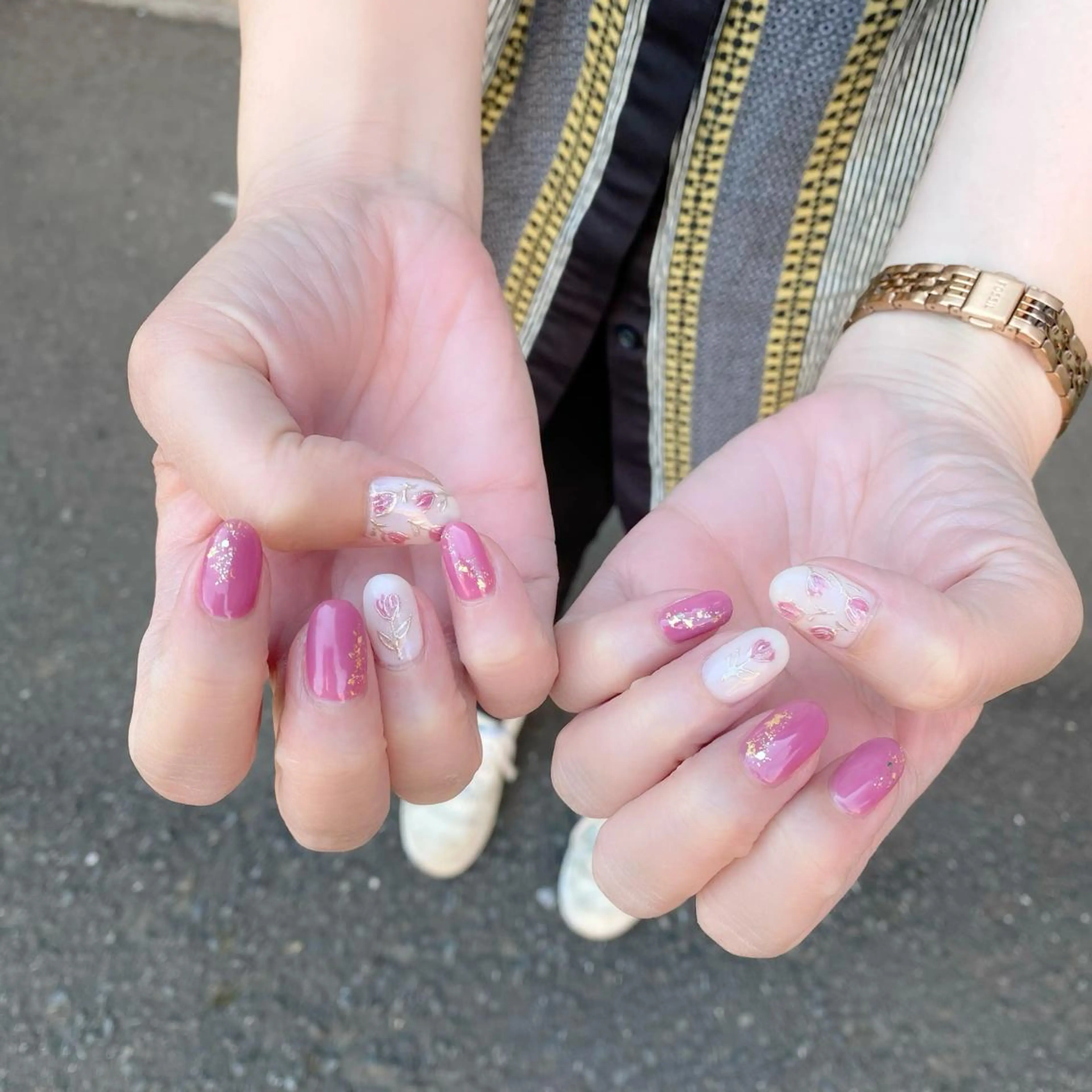 ネイル フラワーネイル ミラーネイル ピンク 春ネイル ハンドネイル Salon Kのネイルデザイン