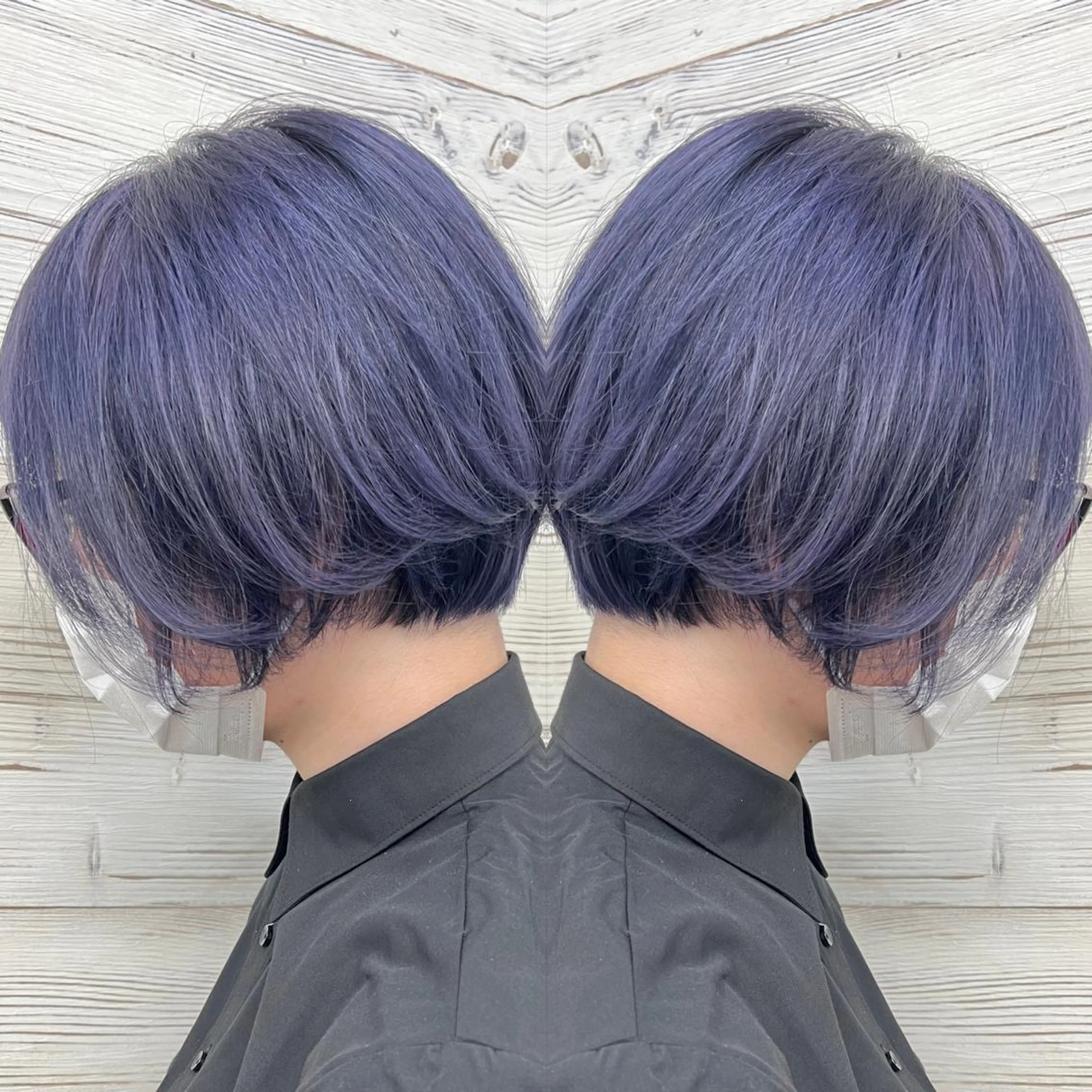 ショート カラー ヘアアレンジ 黒髪 ブリーチ ブルーカラー ブルーブラック ネイビーカラー カット ヘアカラー トリートメント 枝毛カット＆髪質改善 満足NO.1岡しゃんのヘアスタイル