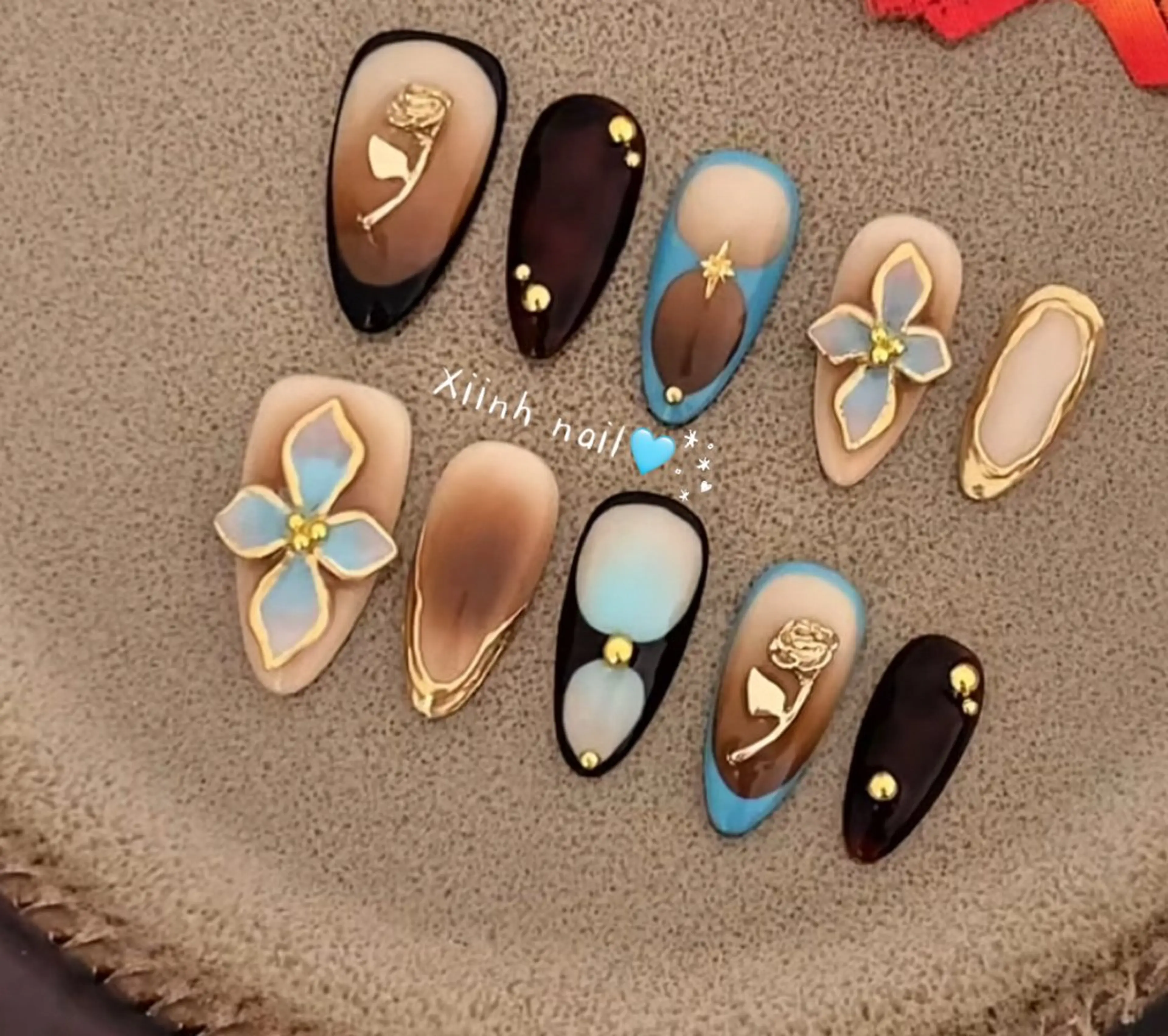ネイル ブラウン チークネイル 桜ネイル 長さ出し フットネイル ハンドネイル XIINH NAIL SALONのネイルデザイン