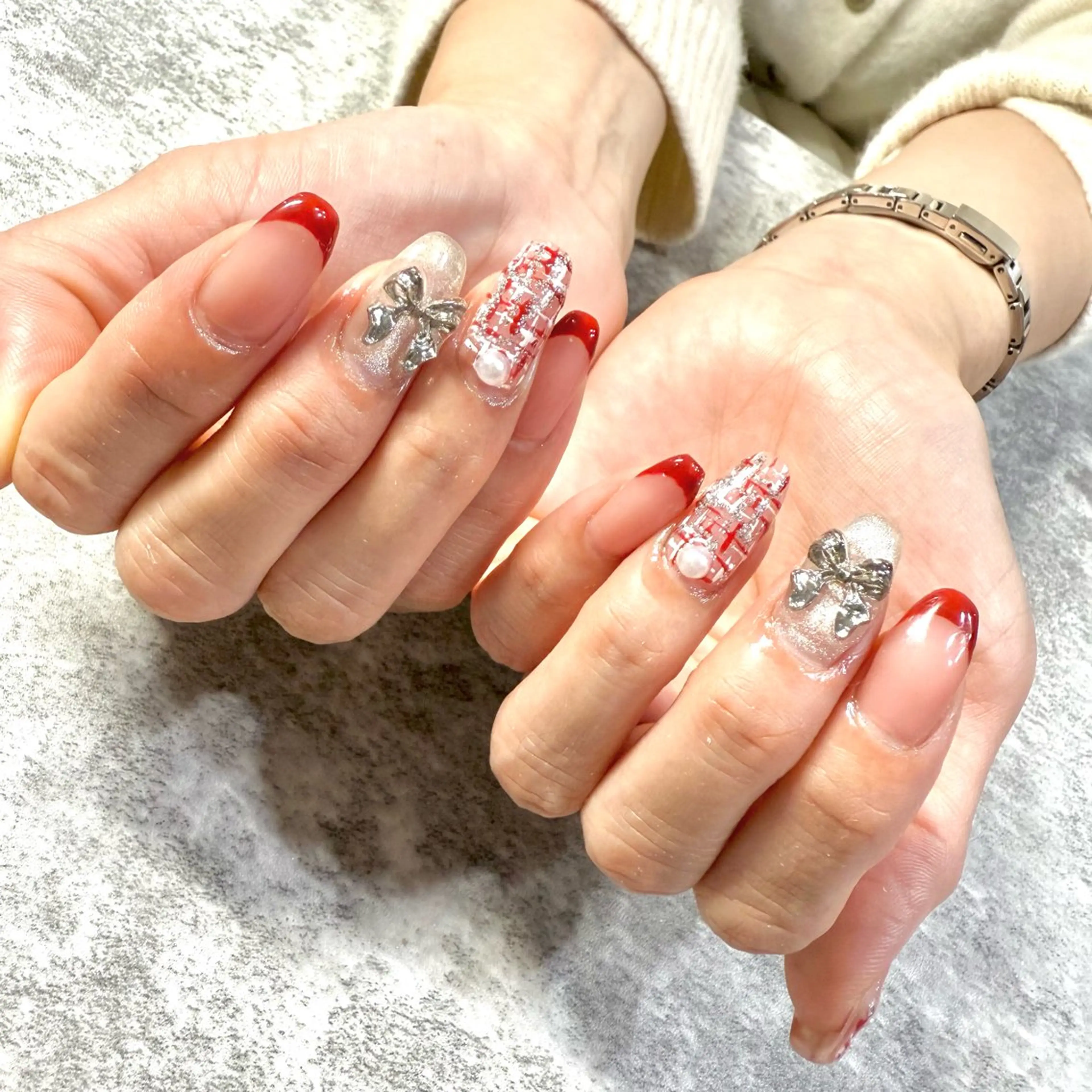 ネイル 赤色 ツイードネイル ハンドネイル ★Rinail... .のネイルデザイン