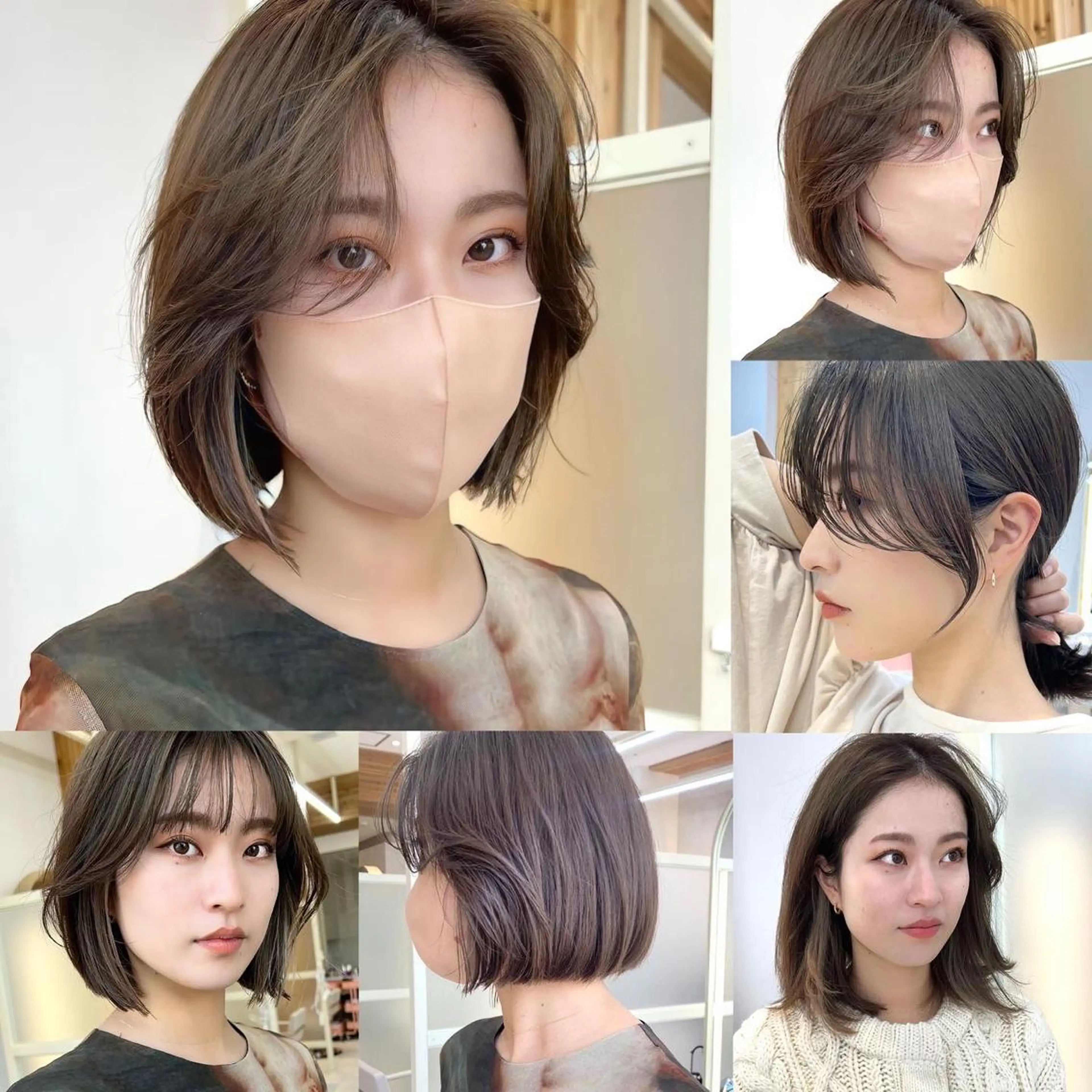 ショート カラー ミストバング グレージュ ボブ くびれヘア 斜めバング カット ヘアカラー トリートメント ニュアンスレイヤー ハイトーンカラーのヘアスタイル