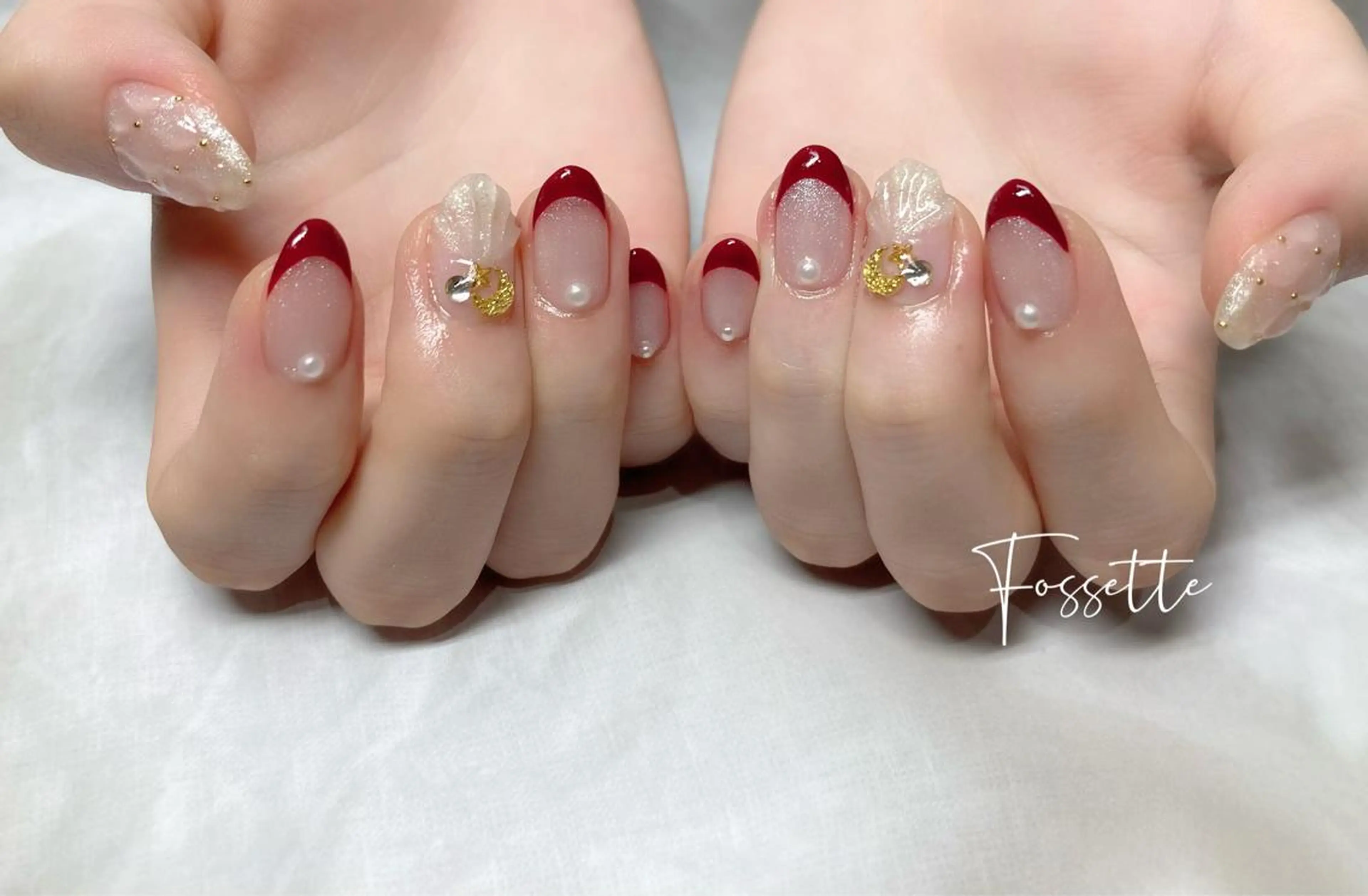 ネイル ボルドー クリアネイル フレンチネイル 韓国ネイル ぷっくりネイル nailsalon Fossetteのネイルデザイン