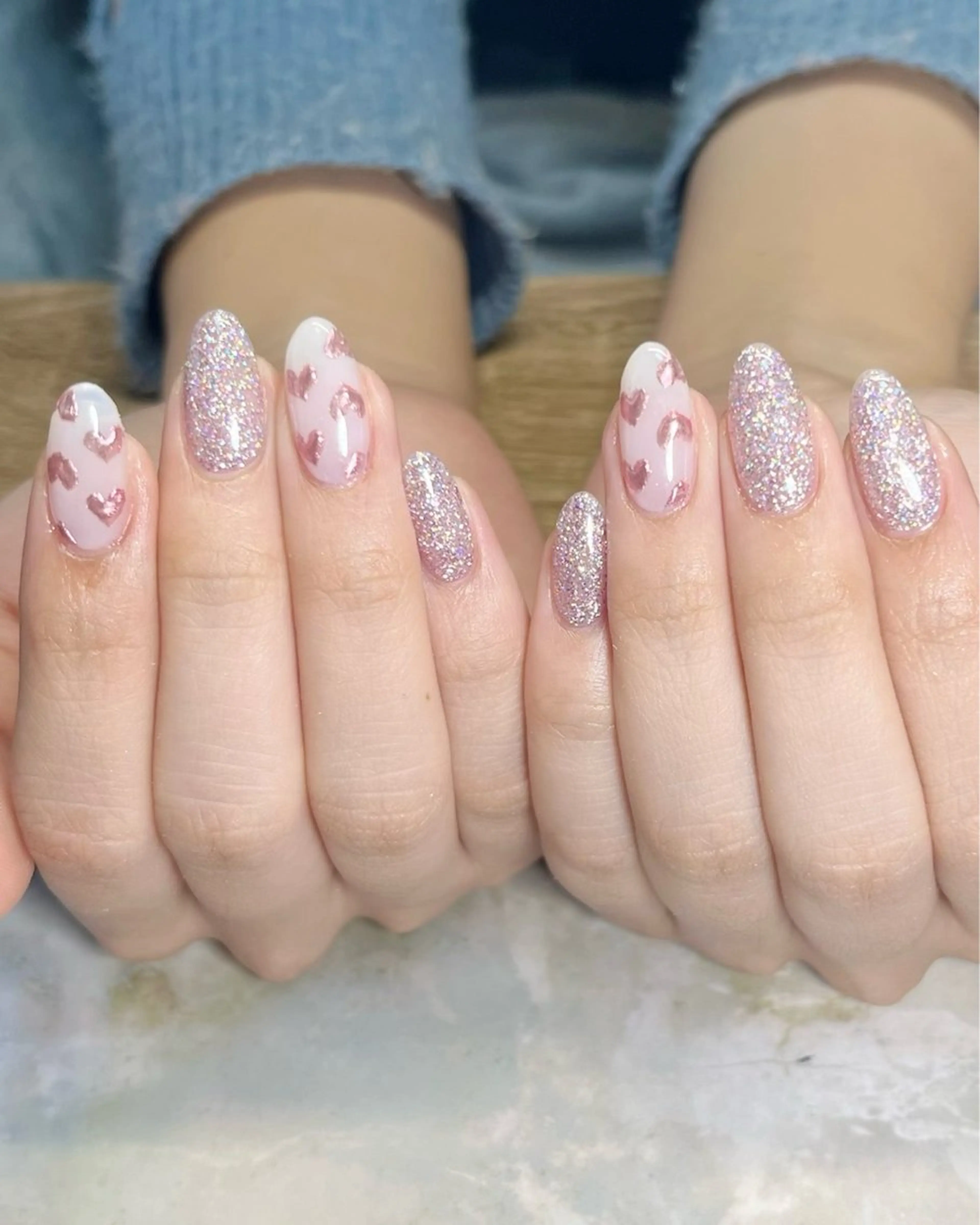 ネイル ハート ラメ(グリッター) ミラーネイル ピンク ハンドネイル rii 　nail所属・rii  nail rikoのネイルデザイン
