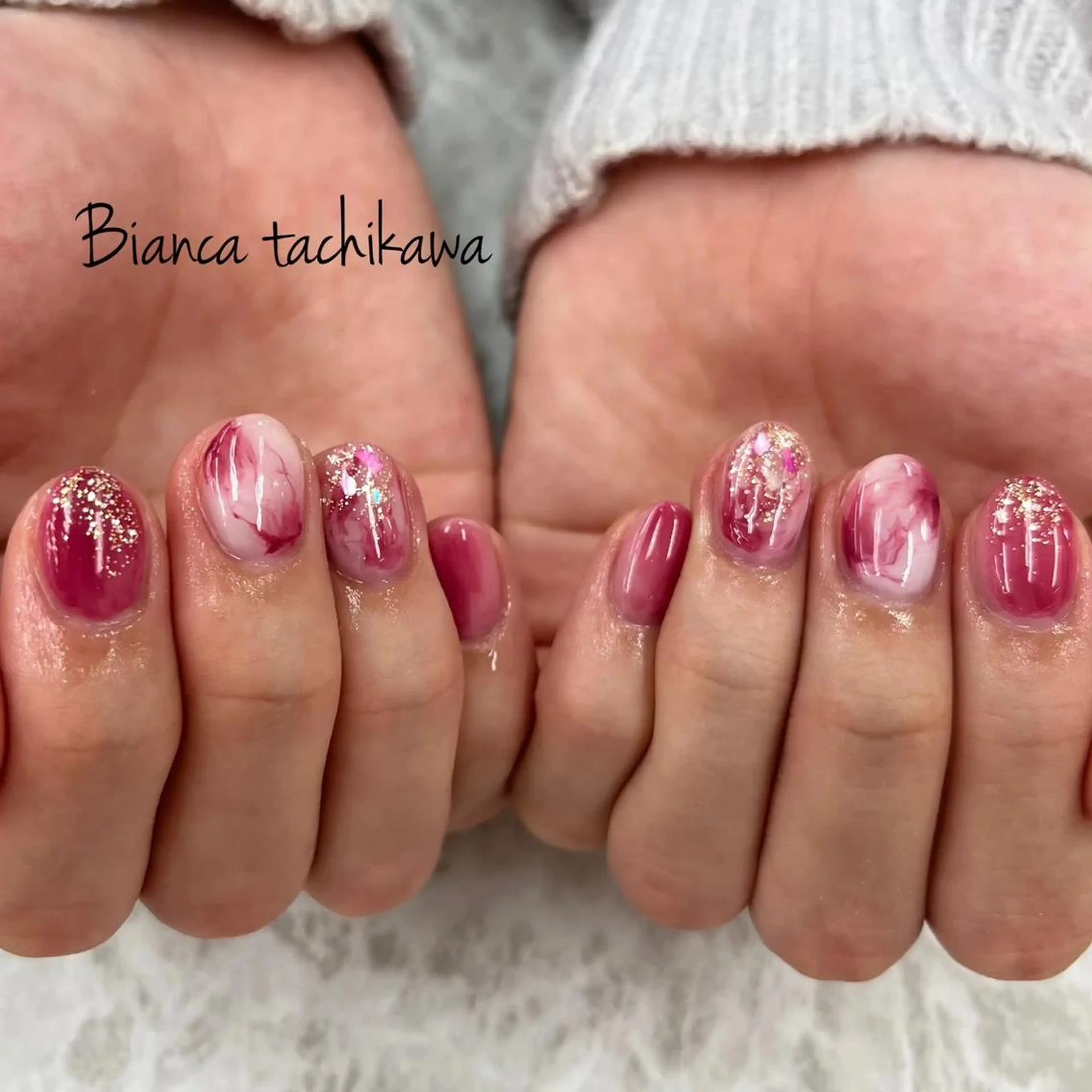 ネイル 大理石ネイル(マーブル) ニュアンスネイル ピンク パープル ホワイト ハンドネイル Bianca☁国分寺 🤍店長/黒木愛美のネイルデザイン