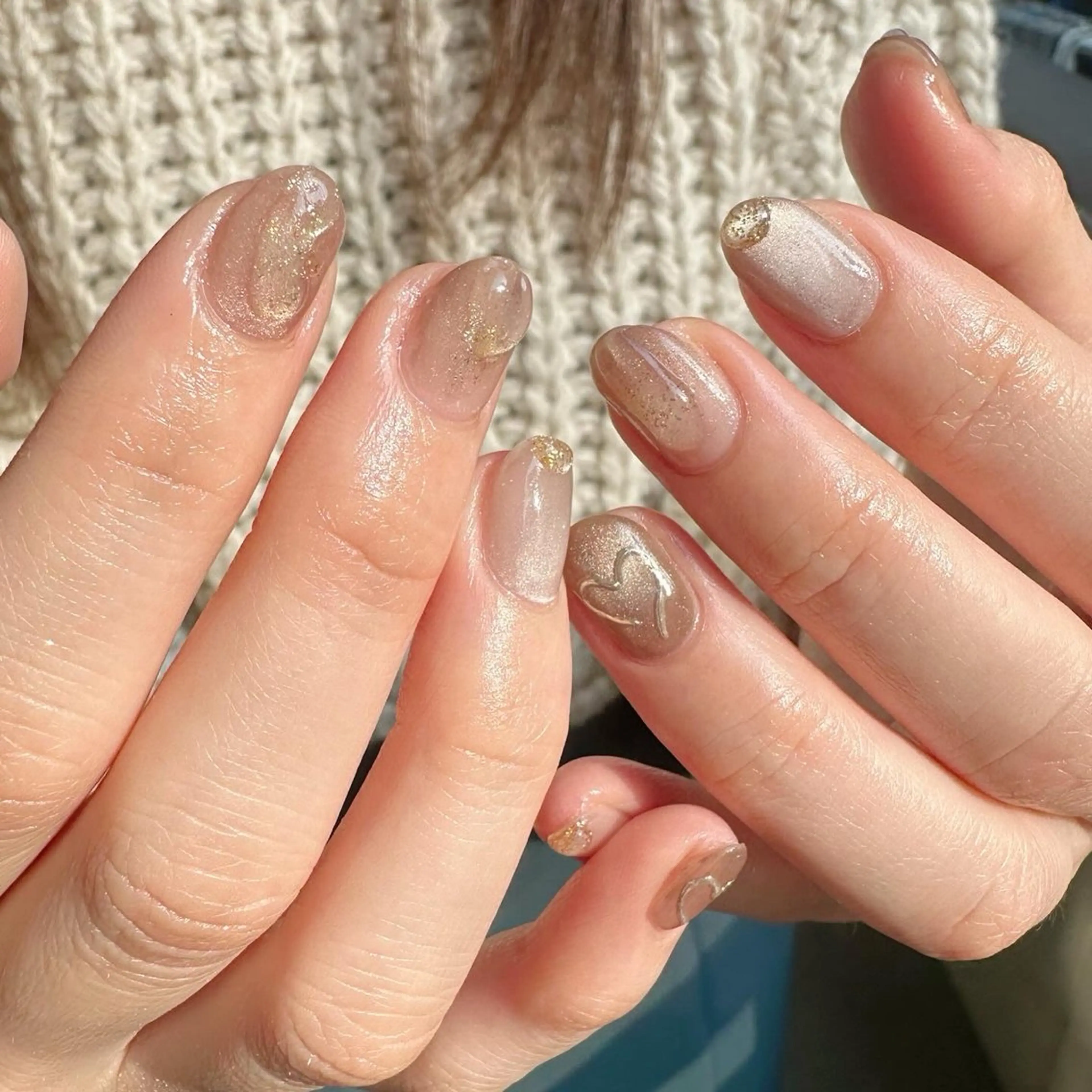 ネイル ブラウン ハート 氷ネイル・うるうるネイル 韓国ネイル ミラーネイル 🪞KAPE NAIL 🪞のネイルデザイン