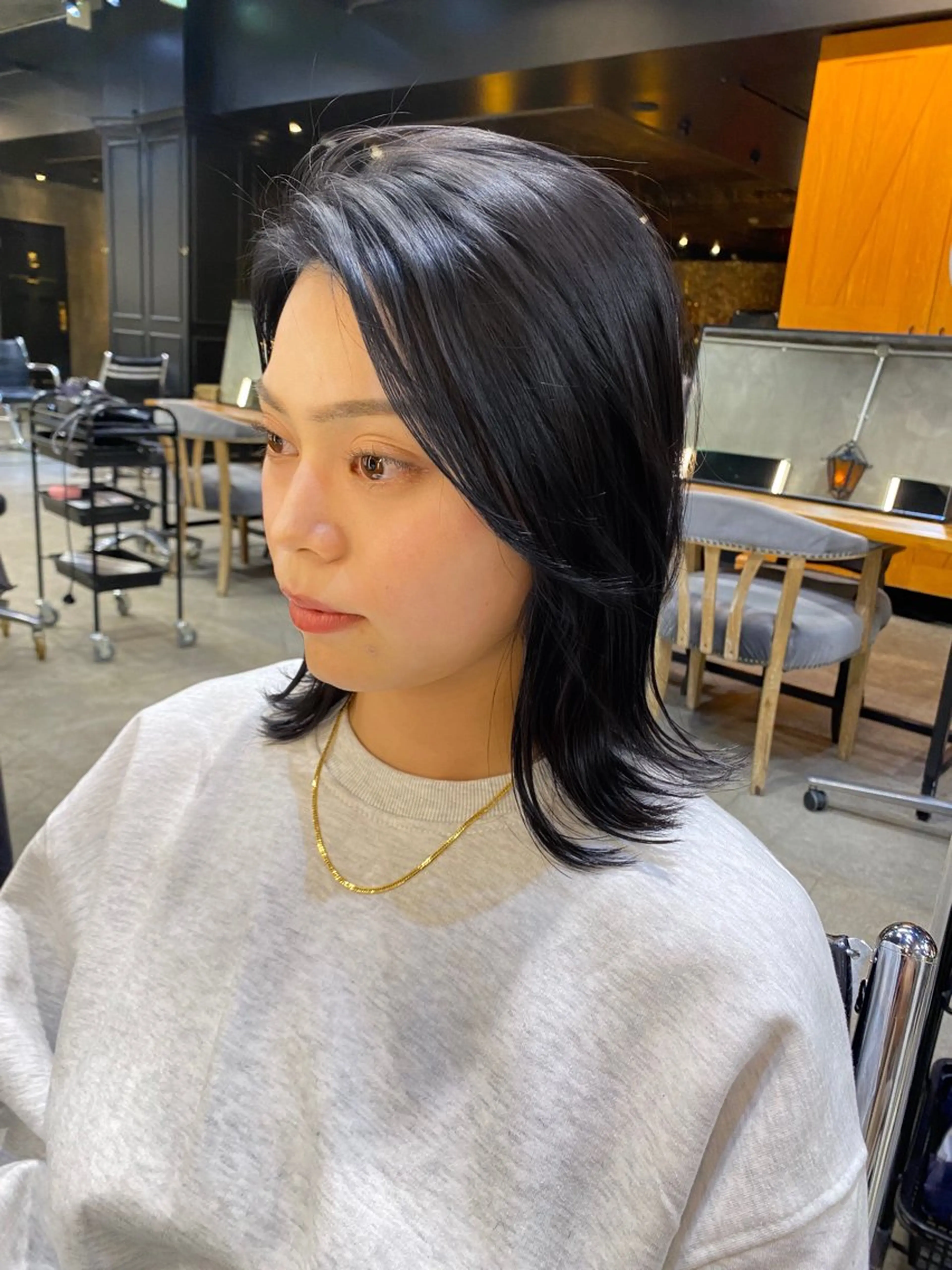 ミディアム カラー 黒髪 ブルーカラー ブルーブラック 外ハネヘア カット ヘアカラー トリートメント ブリーチなしダブル カラー🧸🐺陽介のヘアスタイル