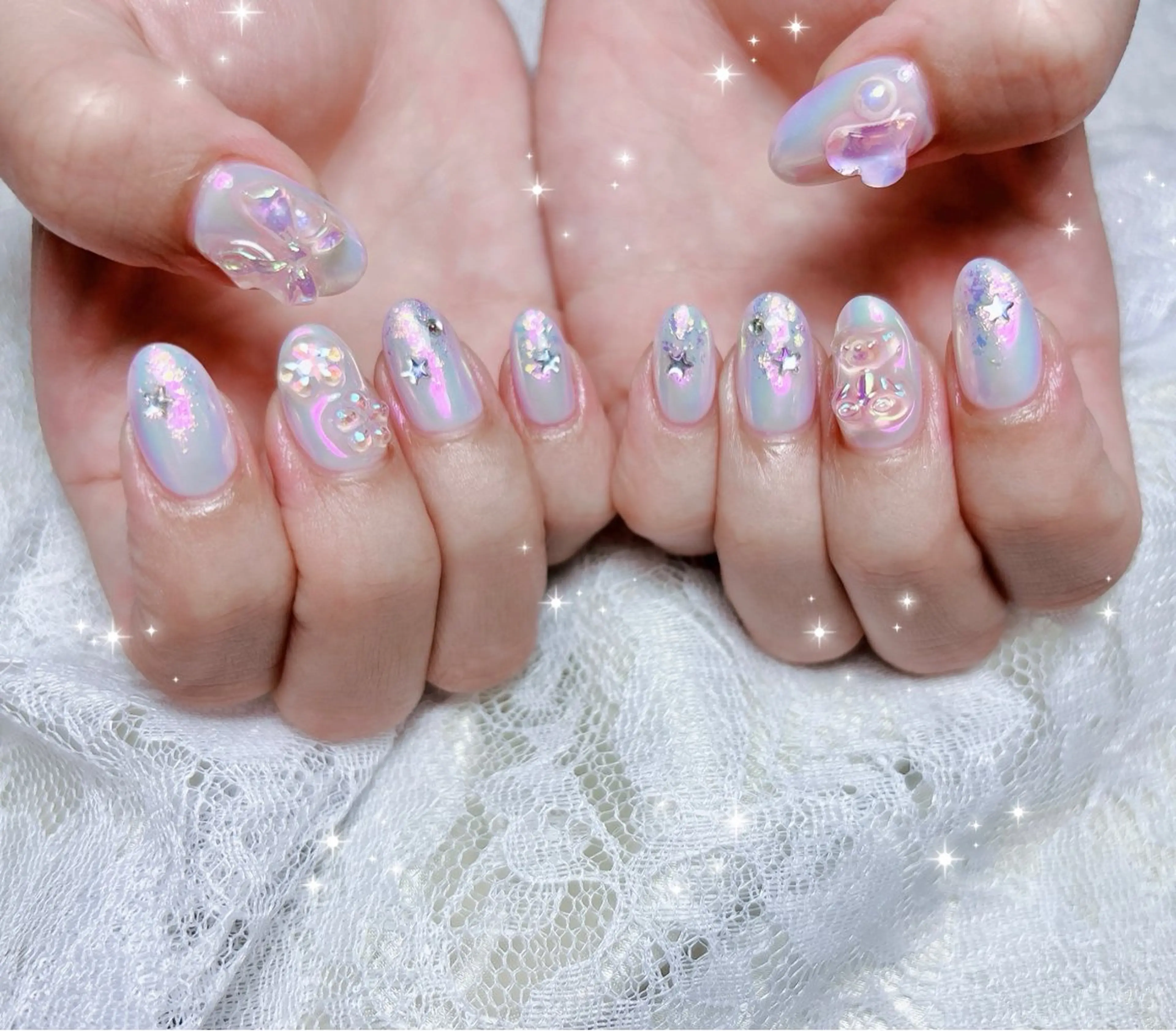 ネイル オーロラネイル 氷ネイル・うるうるネイル ハンドネイル FLARE NAIL フレアネイルのネイルデザイン