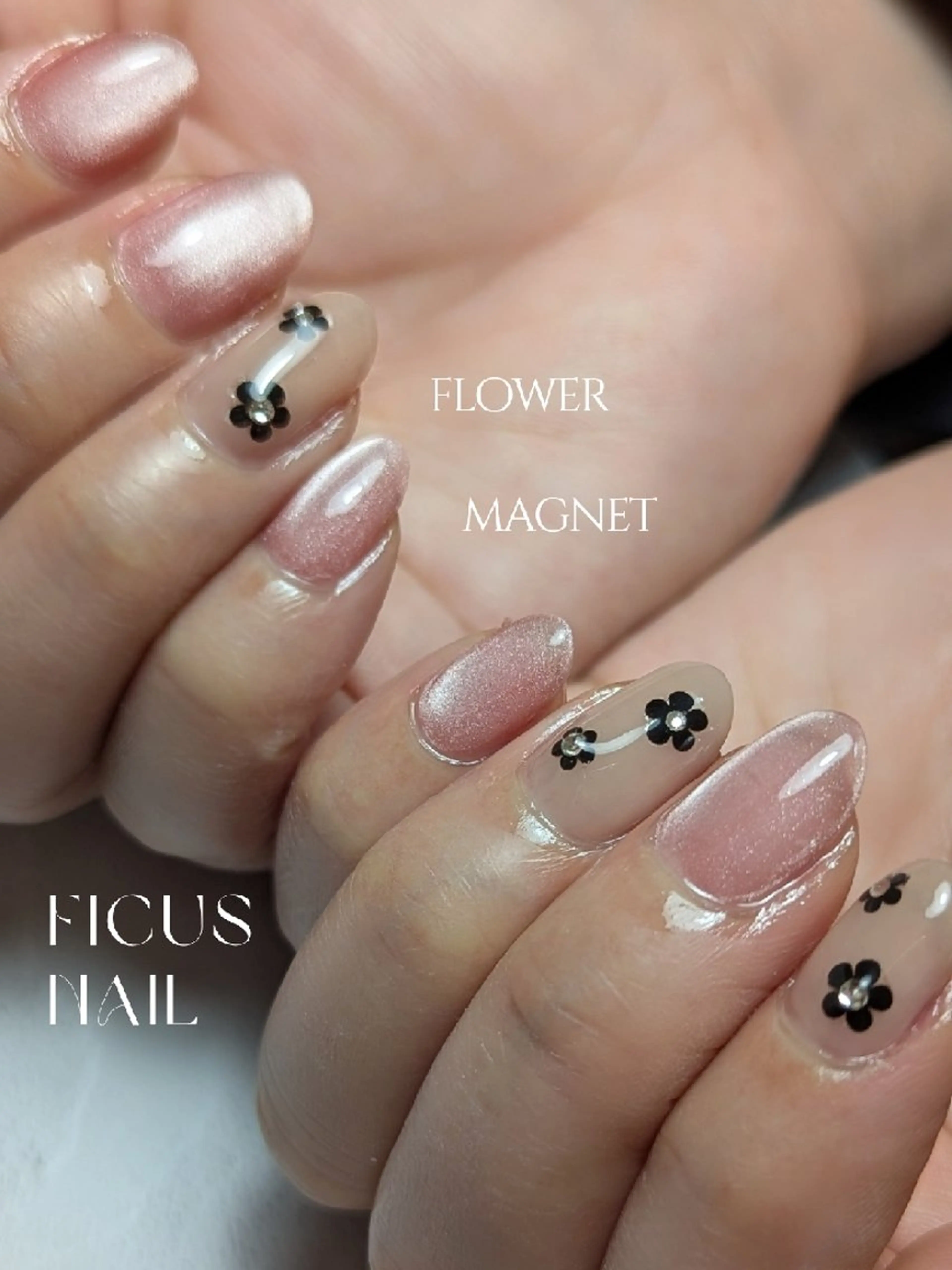ネイル フラワーネイル マグネットネイル オフィスネイル ピンク ショートネイル ハンドネイル ficus nailのネイルデザイン