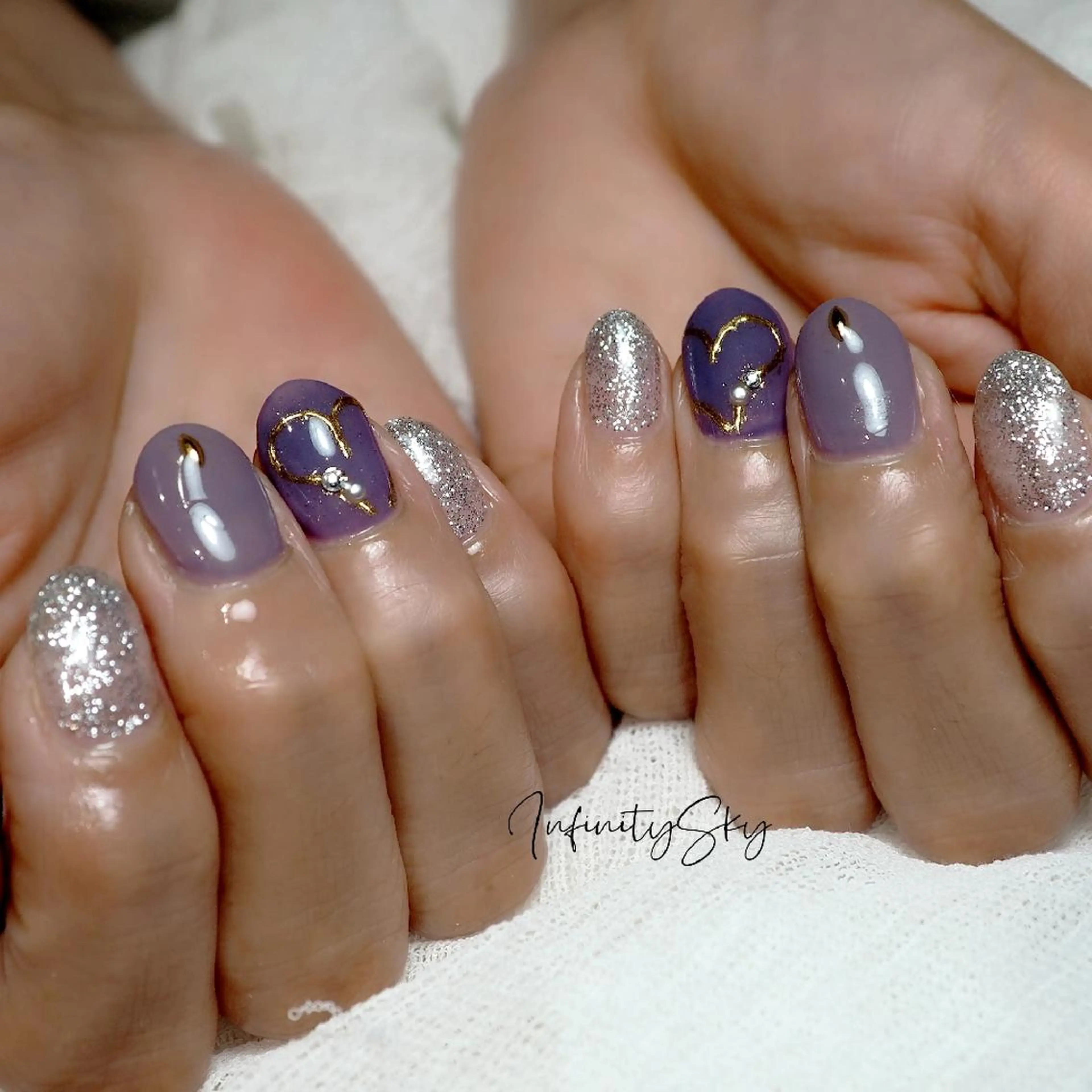 ネイル ハート パープル ハンドネイル infinity skyのネイルデザイン