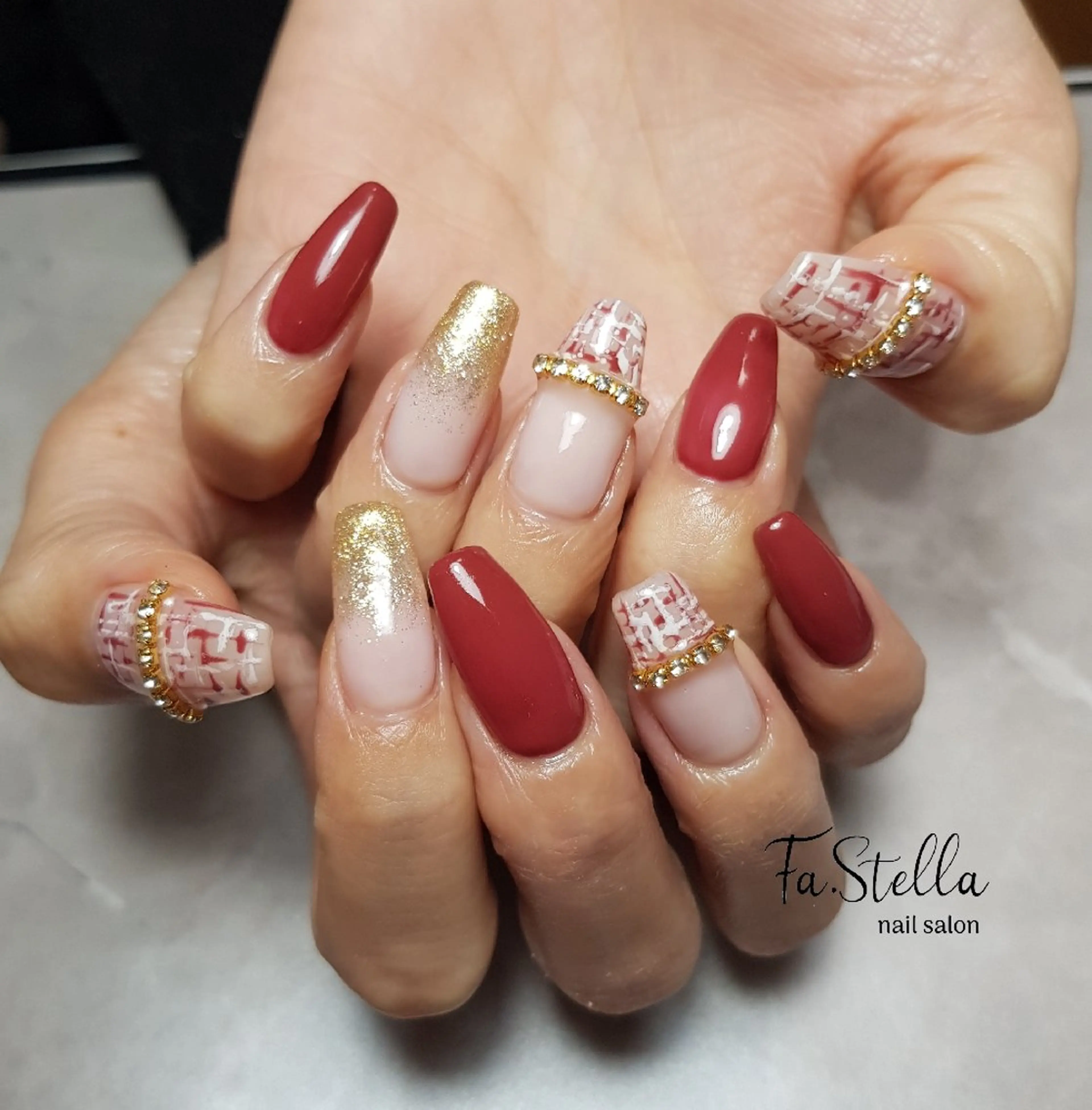 ネイル ジェルネイル 持ち込み パラジェル 赤色 ツイードネイル ハンドネイル Fa.Stella ファステラ のネイルデザイン