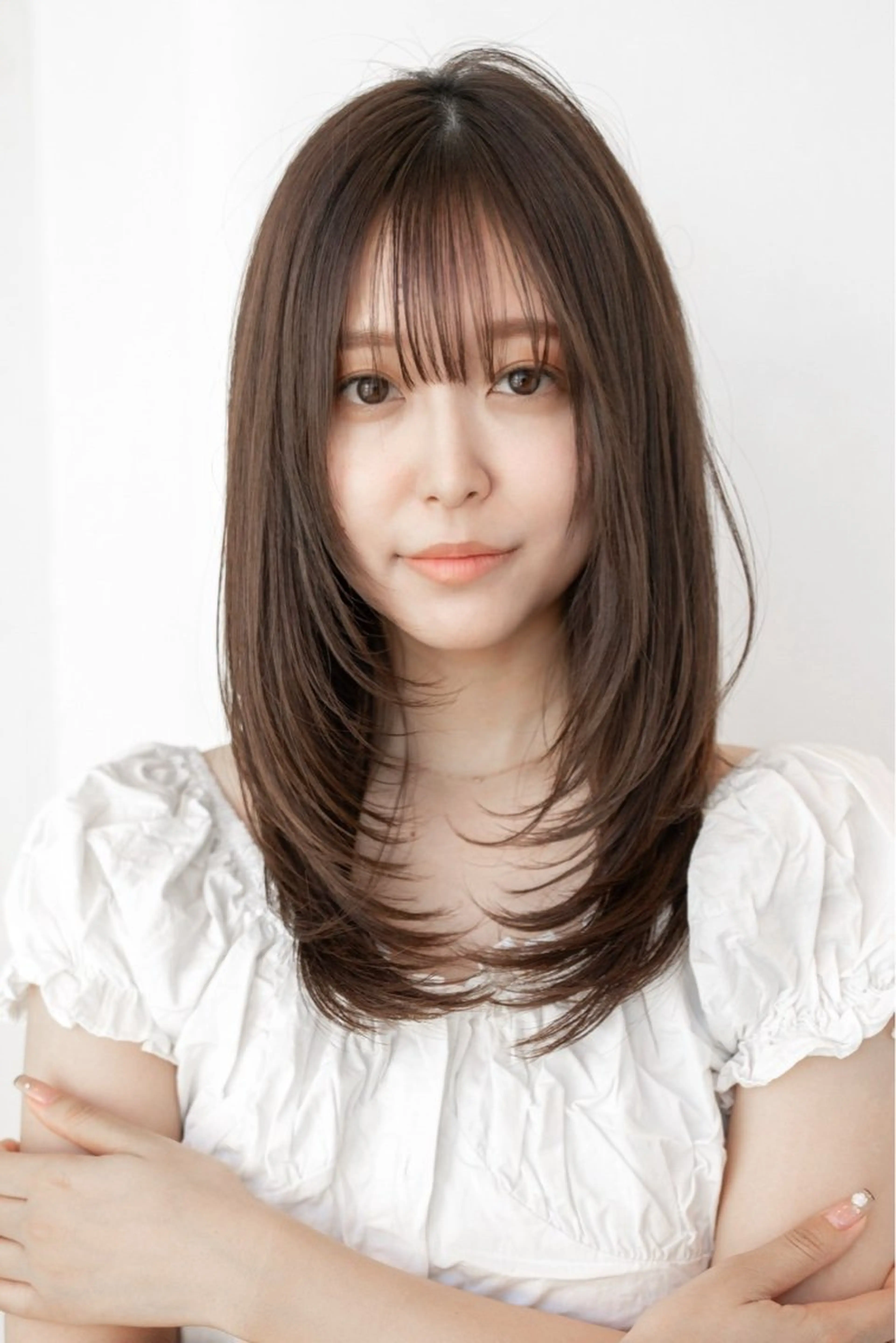 セミロング くびれヘア 顔まわりレイヤー 顔周りカット 韓国風ヘア くびれレイヤー カット ヘアカラー トリートメント フルノコウキ/新宿/ レイヤーボブ/韓国風のヘアスタイル