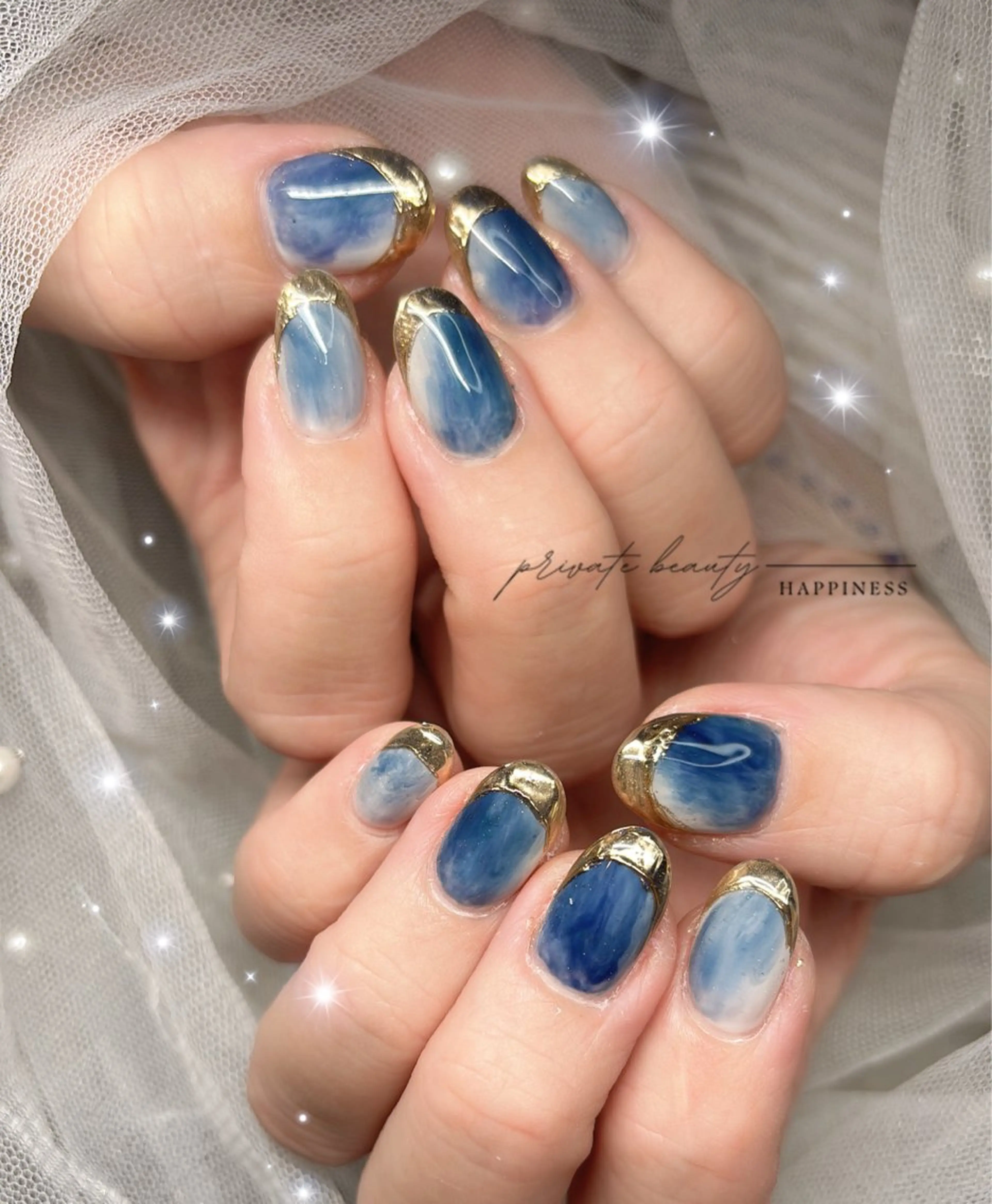 ネイル フレンチネイル 韓国ネイル ロングネイル 大理石ネイル(マーブル) ニュアンスネイル ハンドネイル happiness nailのネイルデザイン