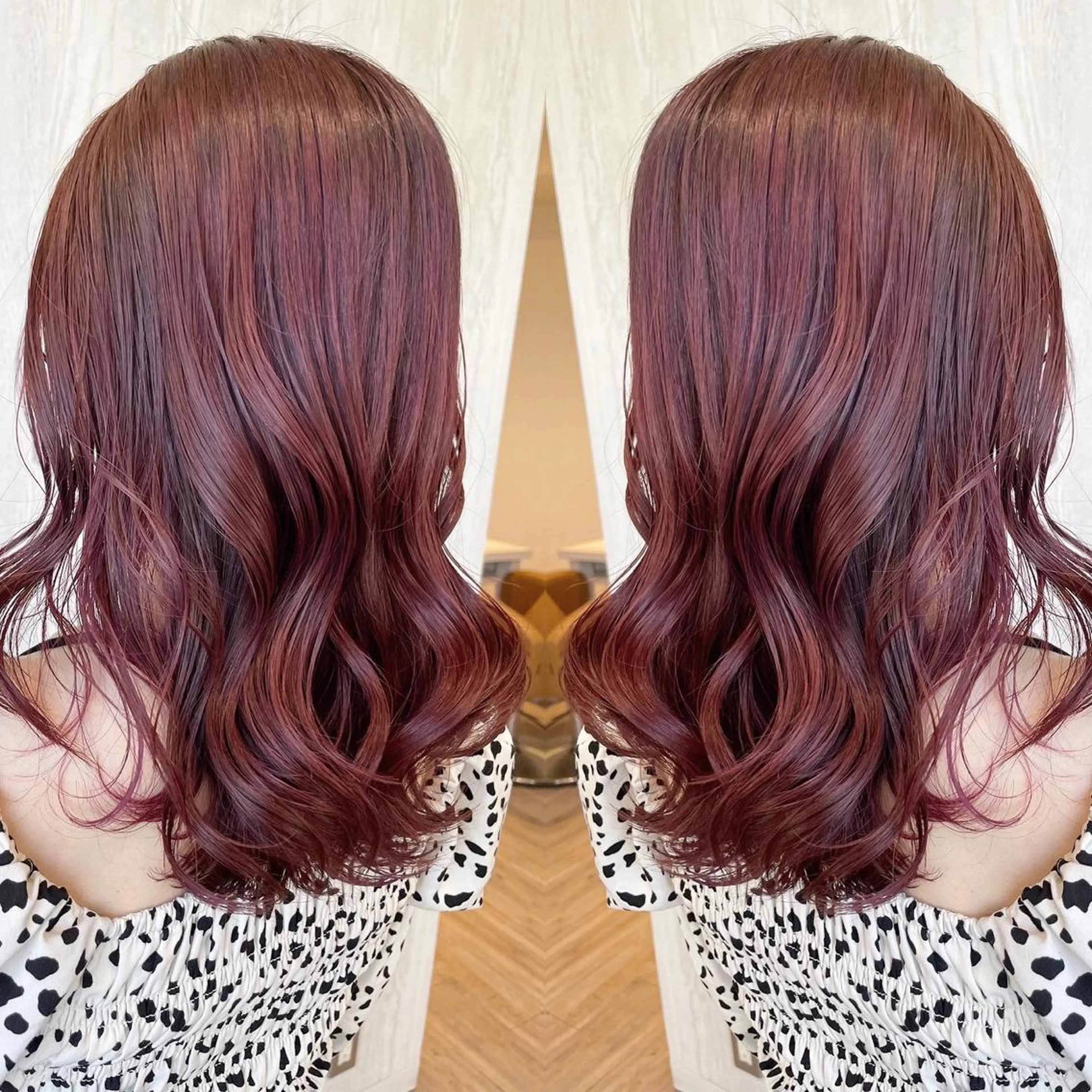 ミディアム カラー アッシュ ピンクカラー 外国人風カラー レイヤーカット 外ハネヘア カット ヘアカラー トリートメント 河合秀明/ハイライト /インナーカラーのヘアスタイル