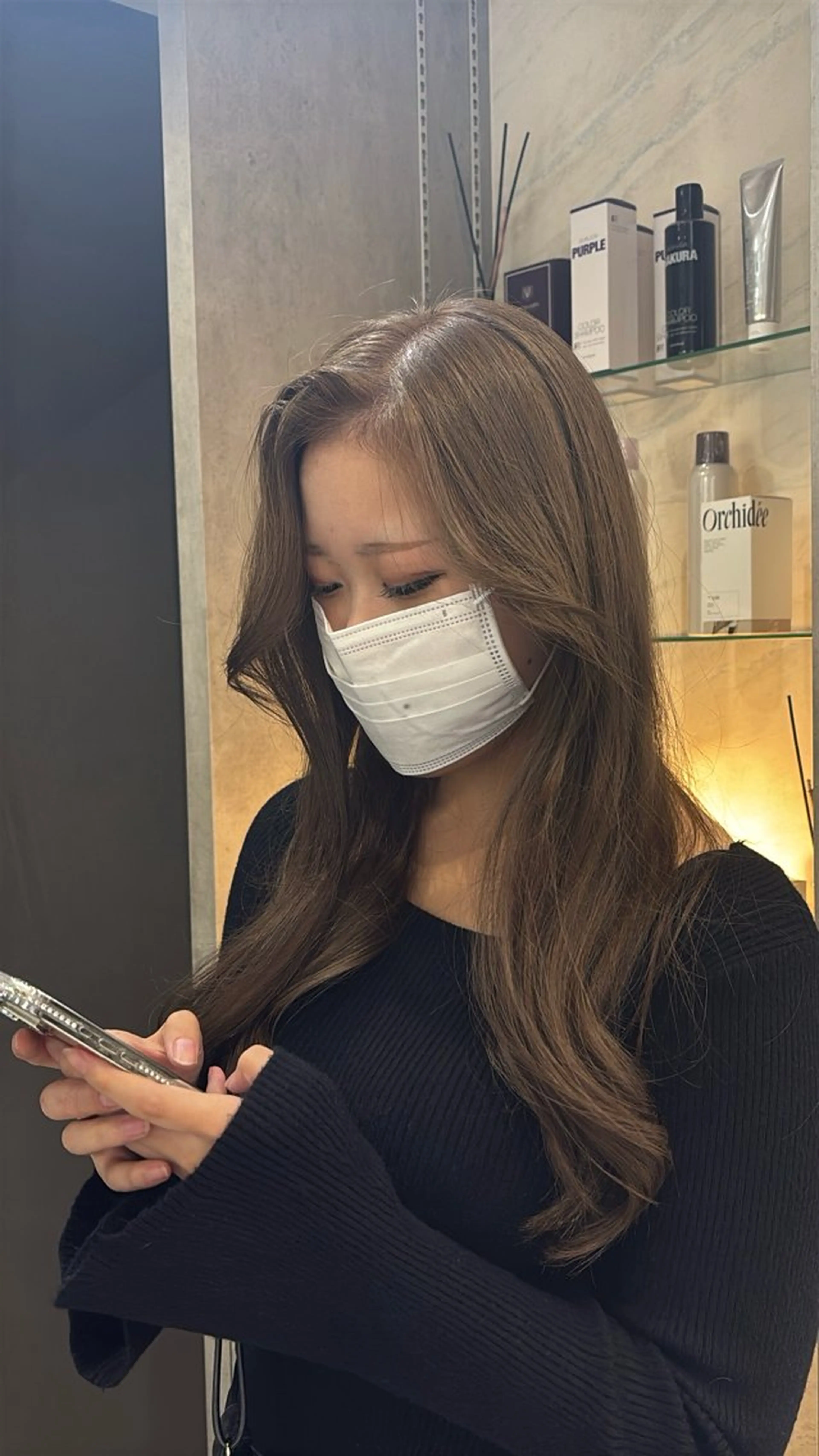 ロング カット ヘアカラー トリートメント 韓国ヘア/ブリーチ無 しWカラー/オリーブのヘアスタイル