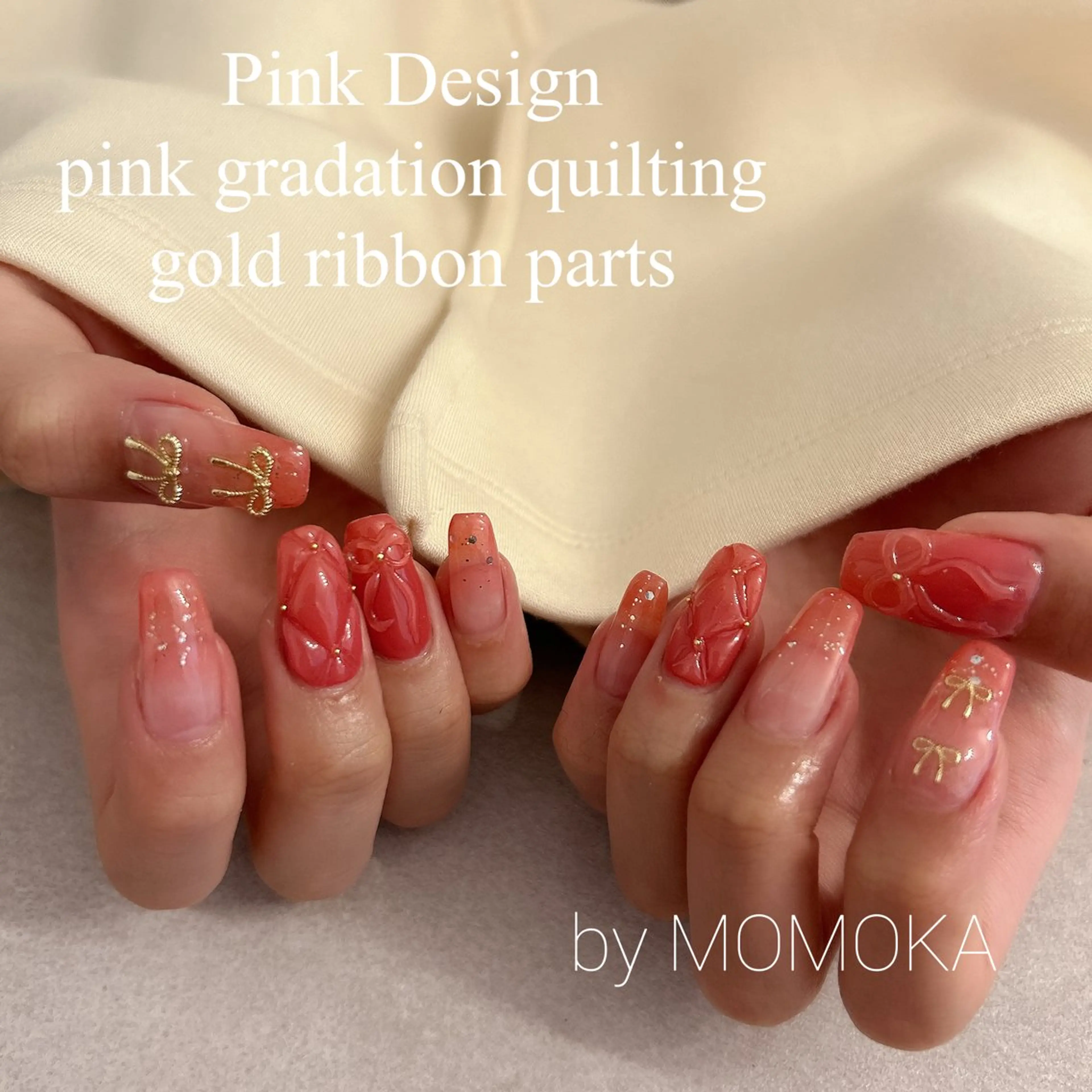 ネイル ニュアンスネイル ピンク リボン ハンドネイル momoka_nails所属・Momo Nailsのネイルデザイン