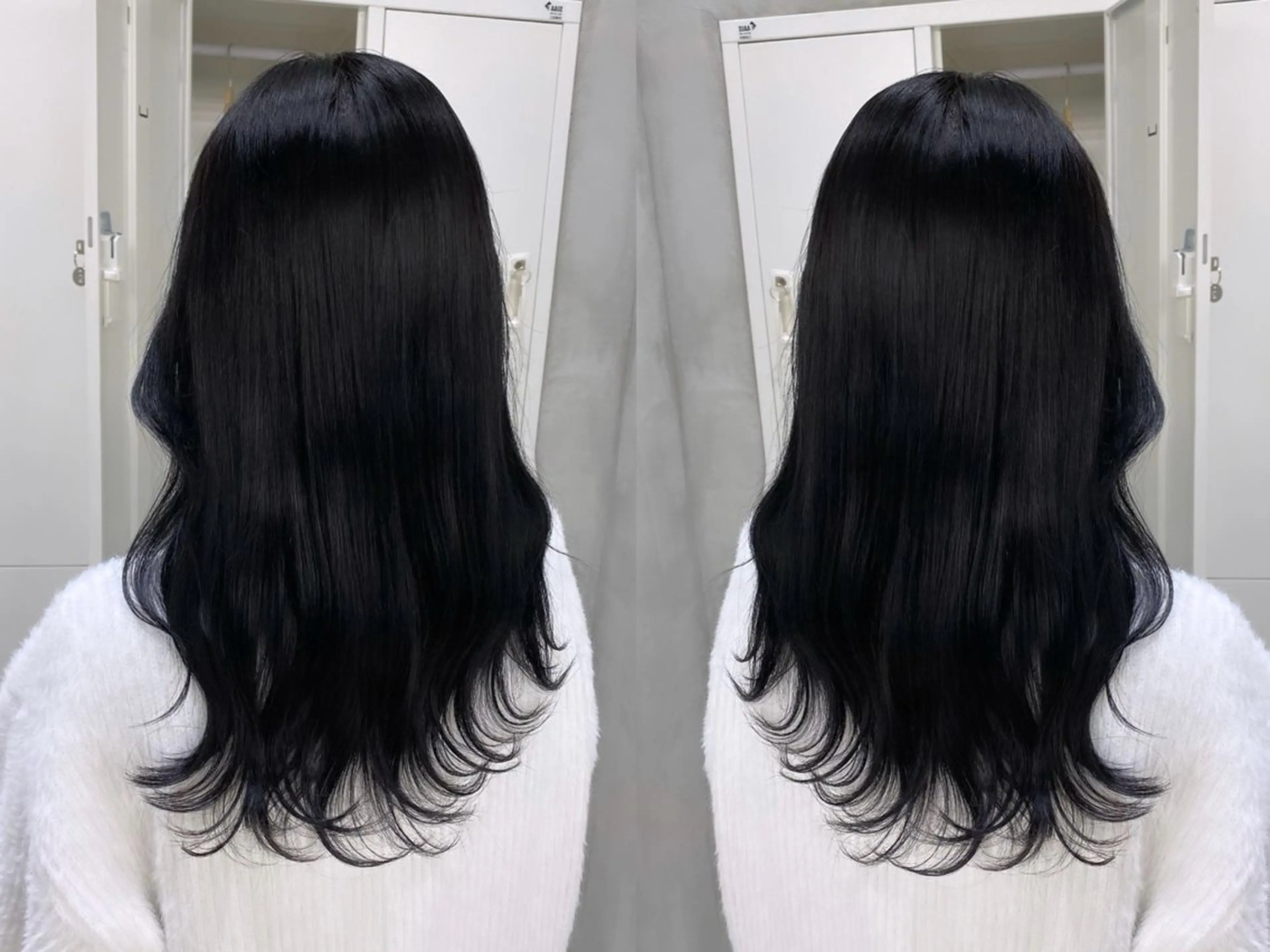 セミロング カラー 黒髪 ブルーカラー ブルーブラック カット ヘアカラー トリートメント a .のヘアスタイル