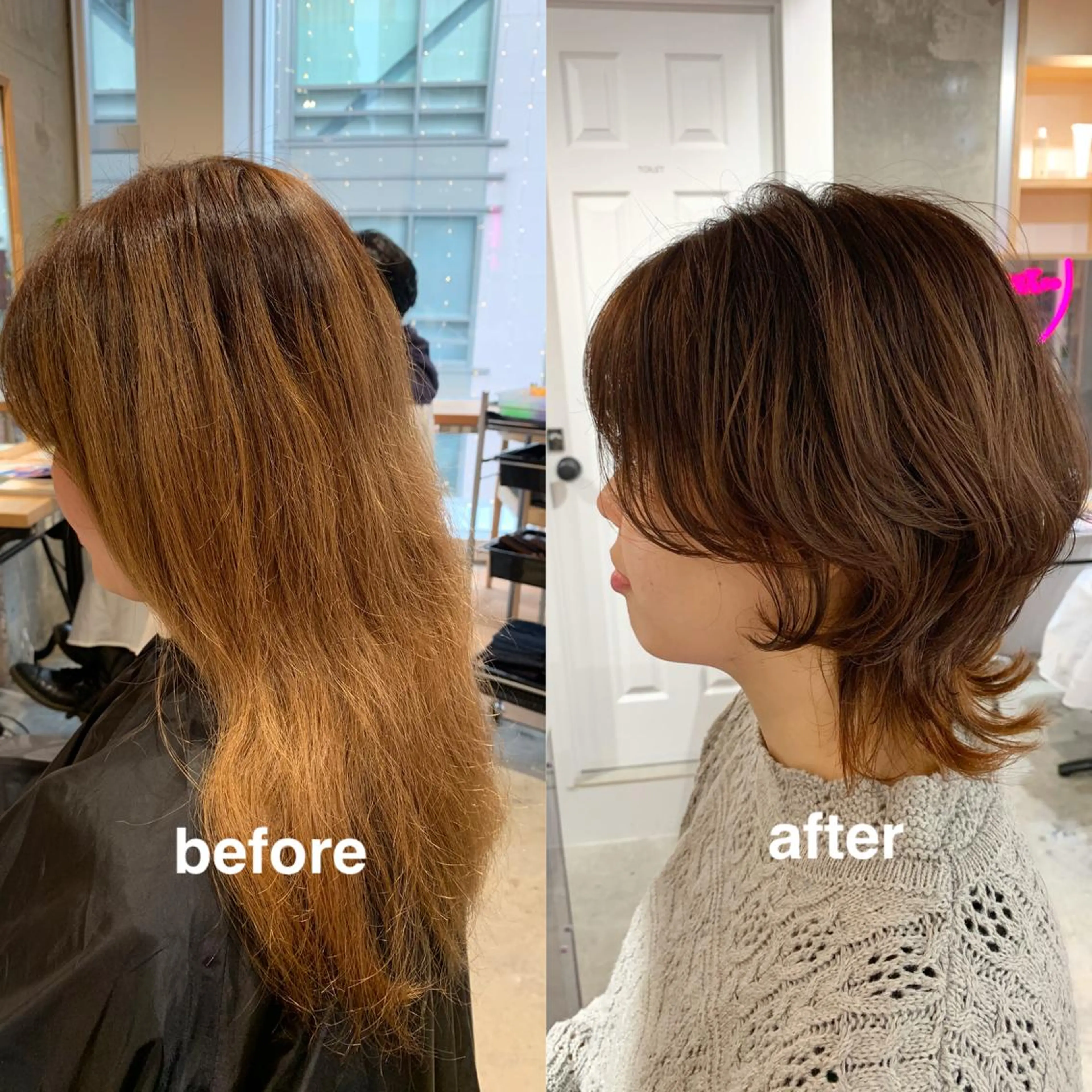 ミディアム カラー オレンジ ウルフカット ヘアカラー トリートメント 艶髪ハイトーンカラー 💘kazueのヘアスタイル