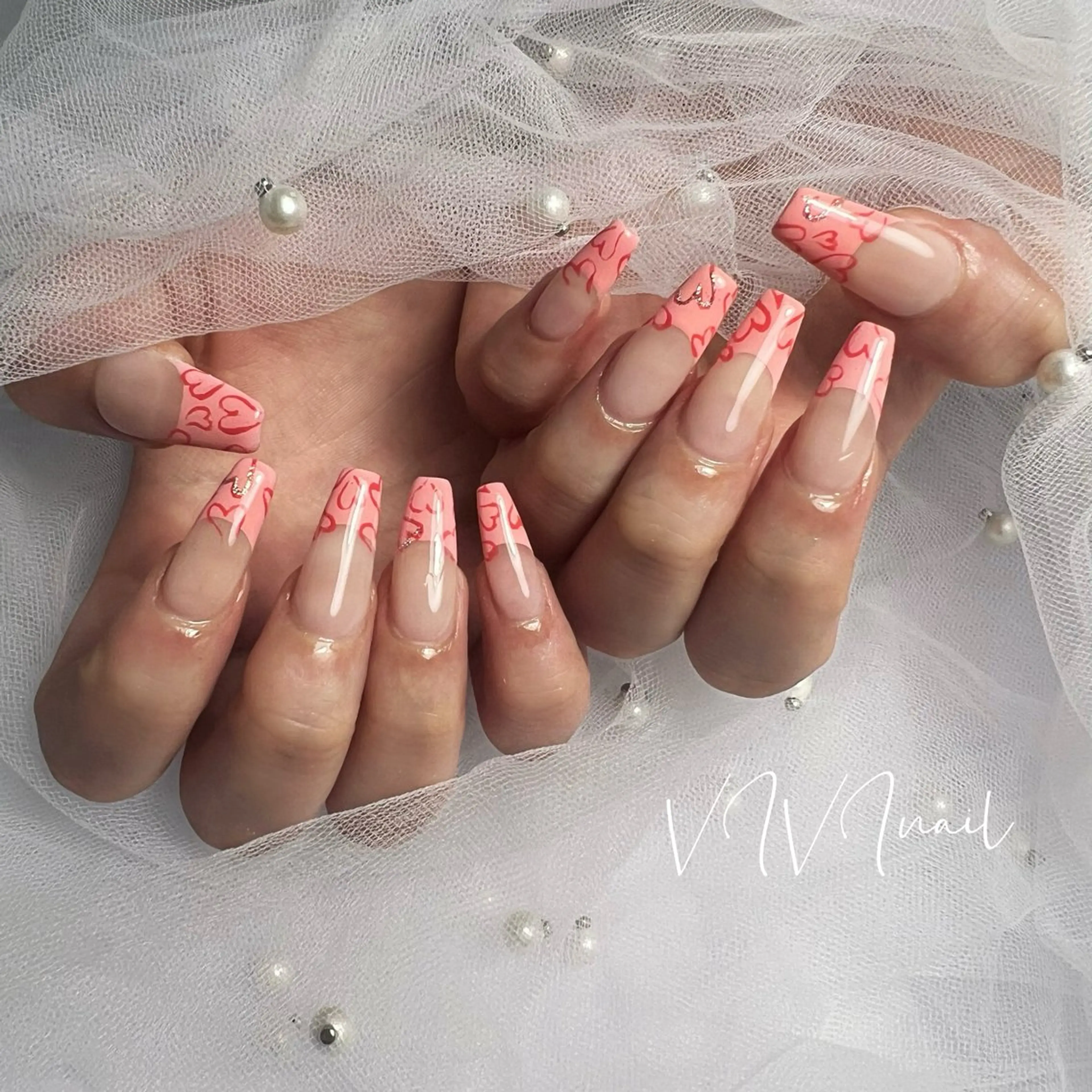 ネイル フレンチネイル ハート ピンク ハンドネイル vivi nailのネイルデザイン