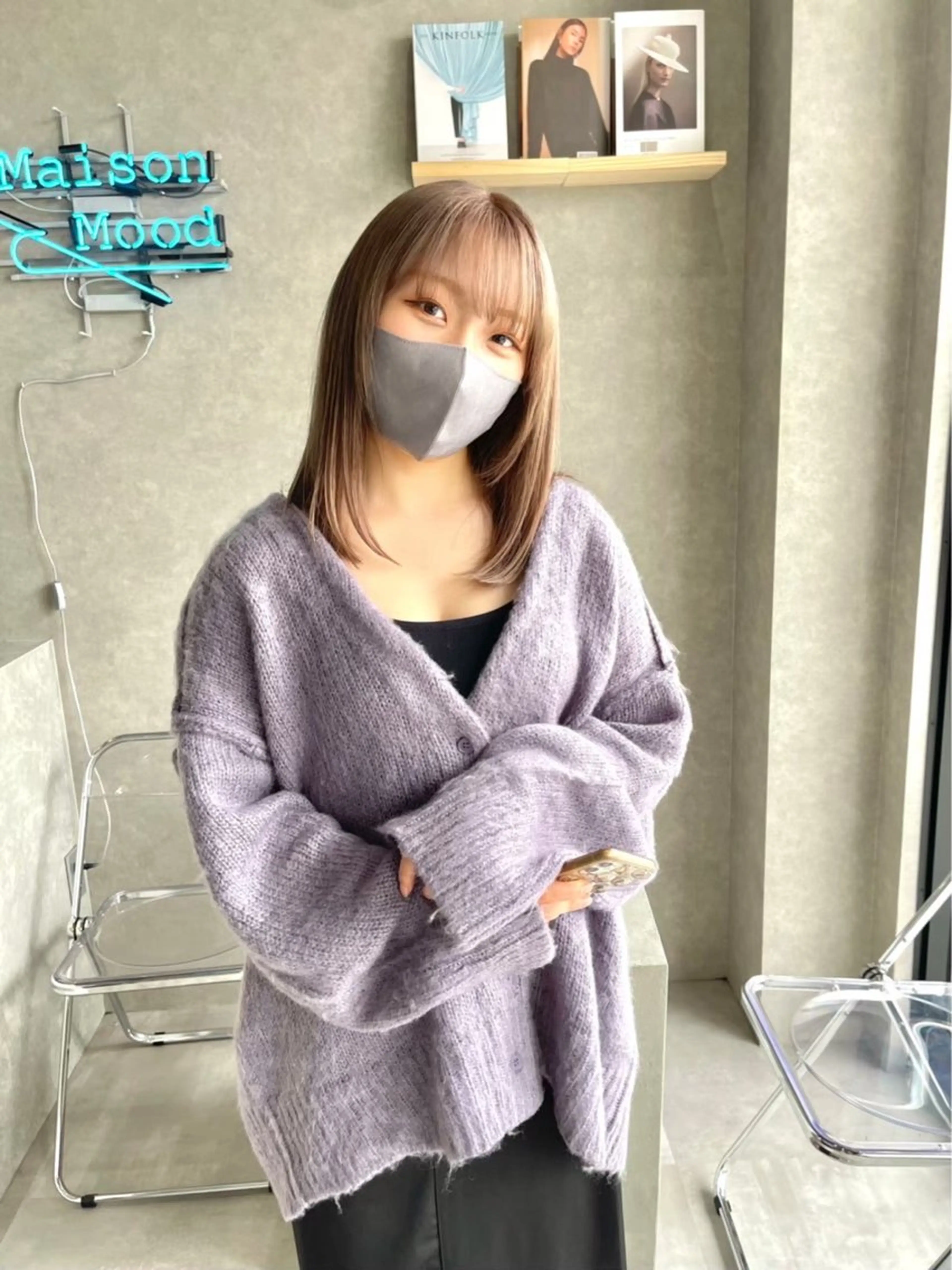 セミロング カラー アッシュ ミストバング ベージュカラー ブリーチ デザインカラー 長谷川 湧のヘアスタイル
