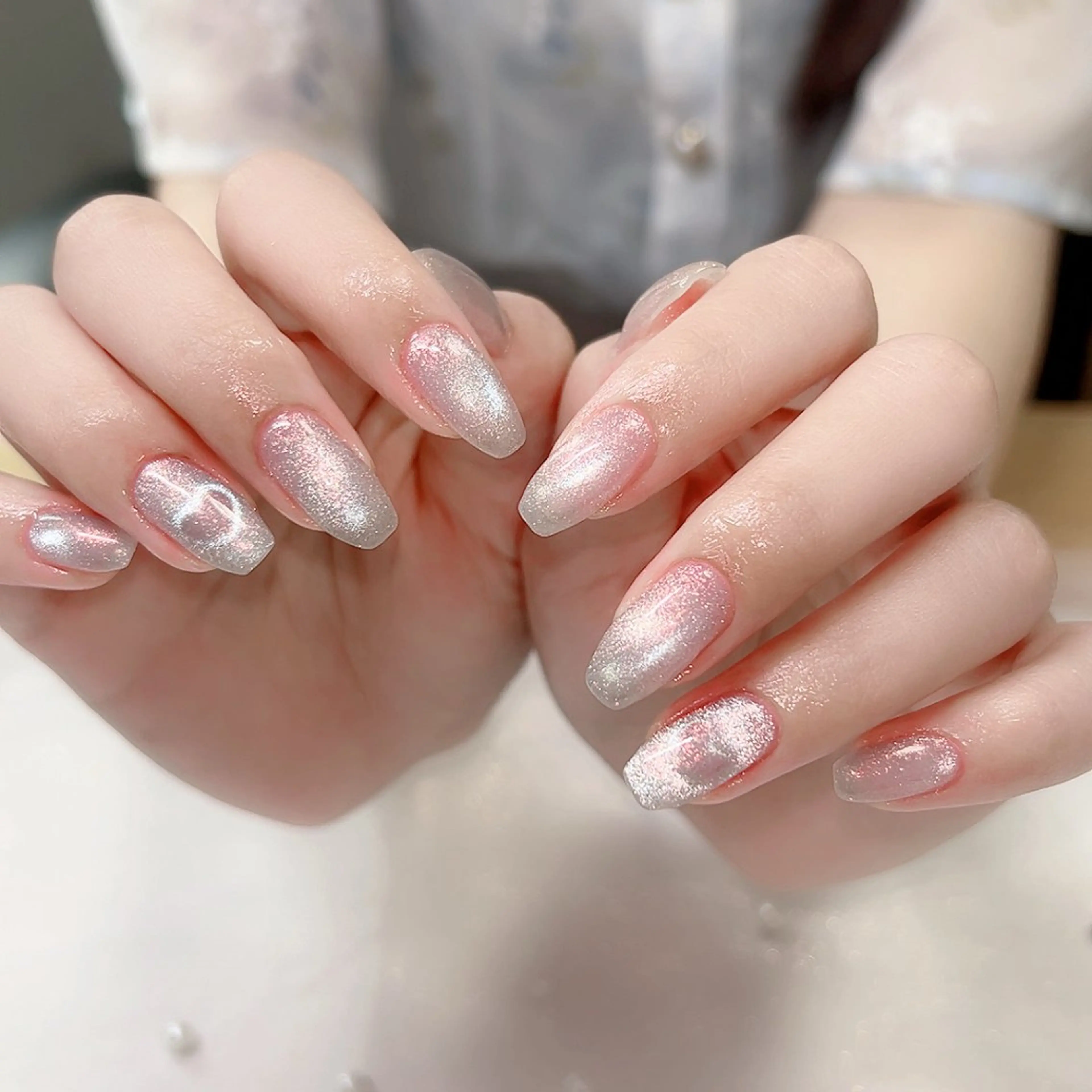 ネイル フレンチネイル ガラスフレンチ ハート マグネットネイル ミラーネイル ハンドネイル Cute Tips nailのネイルデザイン