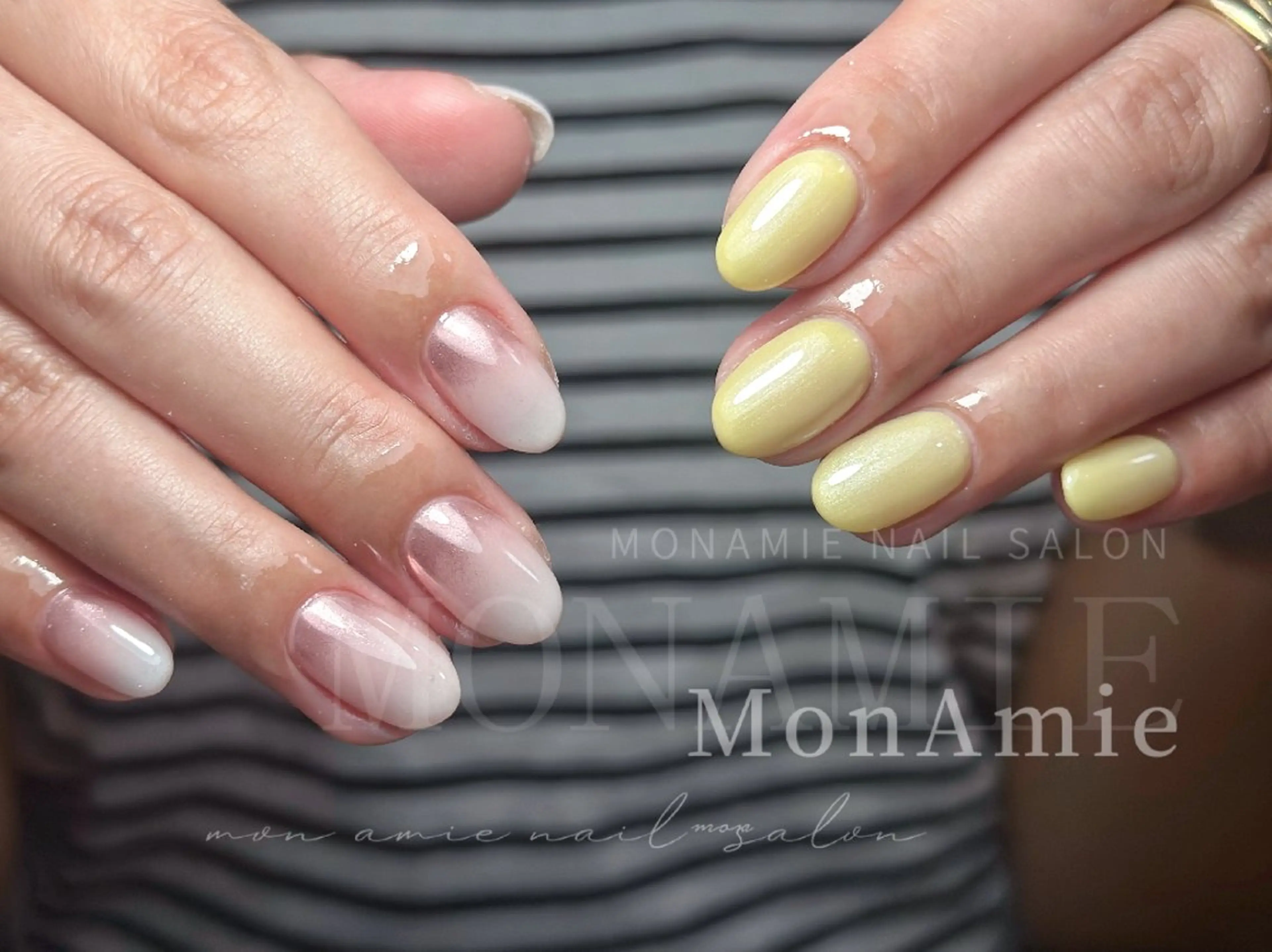 ネイル グラデーション ミラーネイル シンプルネイル 春ネイル 夏ネイル ハンドネイル ハンドケア Lemon所属・MonAmie NailSalonのネイルデザイン