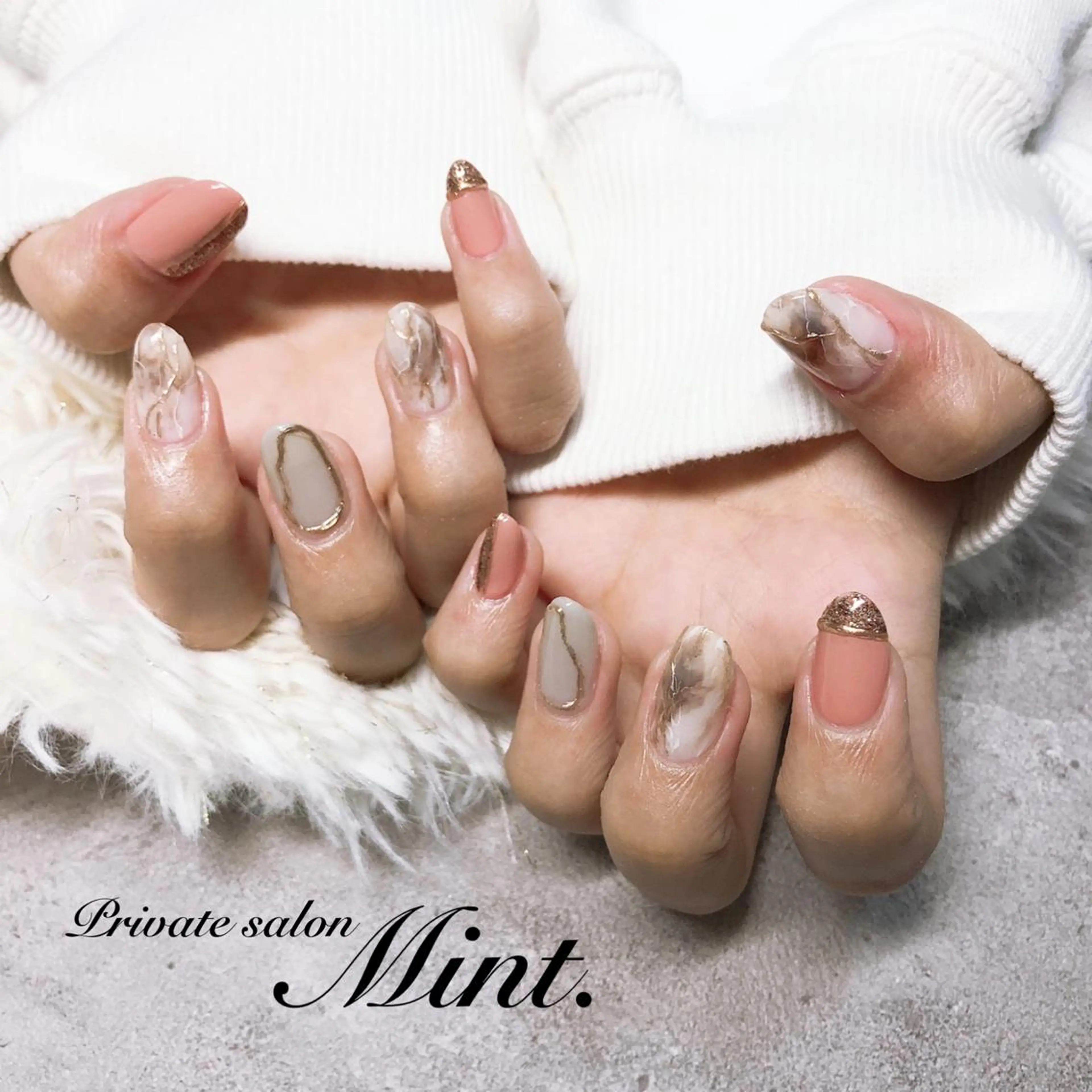セミロング ネイル ジェルネイル 大理石ネイル(マーブル) ニュアンスネイル ハンドネイル Mint. nailのネイルデザイン