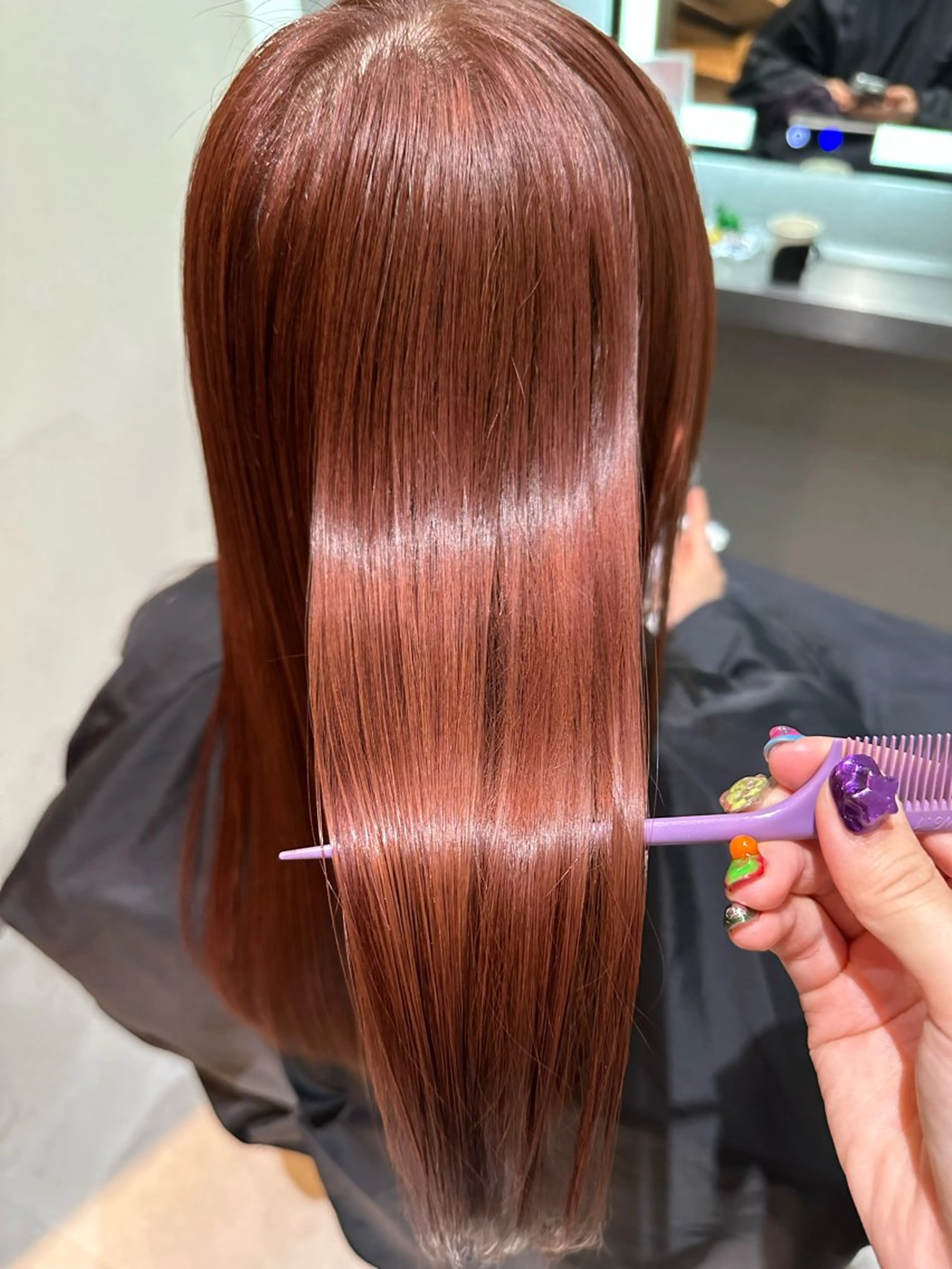 ロング ヘアカラー トリートメント ボブ、小顔レイヤー 暖色カラー🥀のヘアスタイル