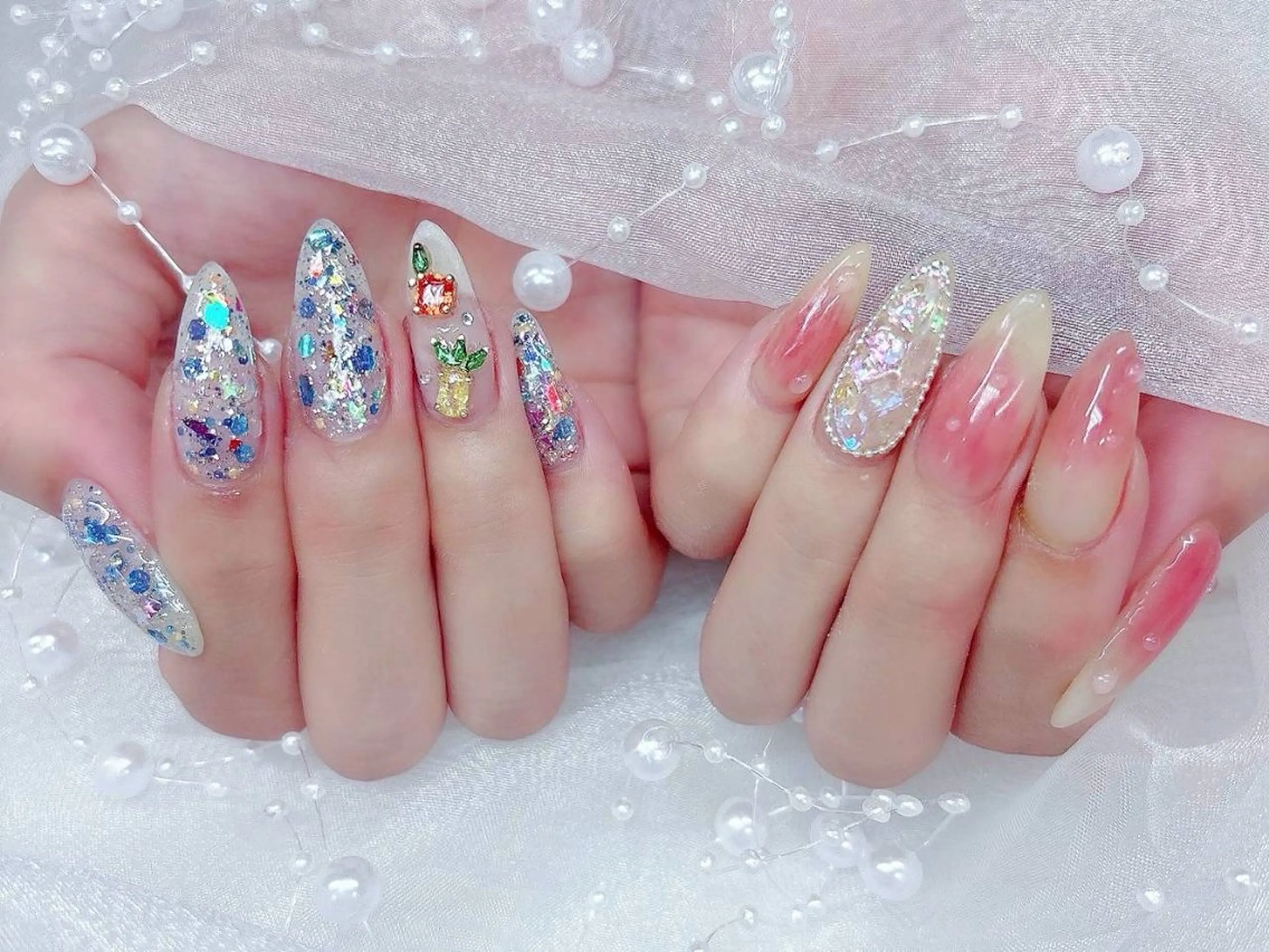 ネイル 長さ出し フラッシュネイル フレンチネイル キラキラネイル ラメ(グリッター) Chouette ここのネイルデザイン