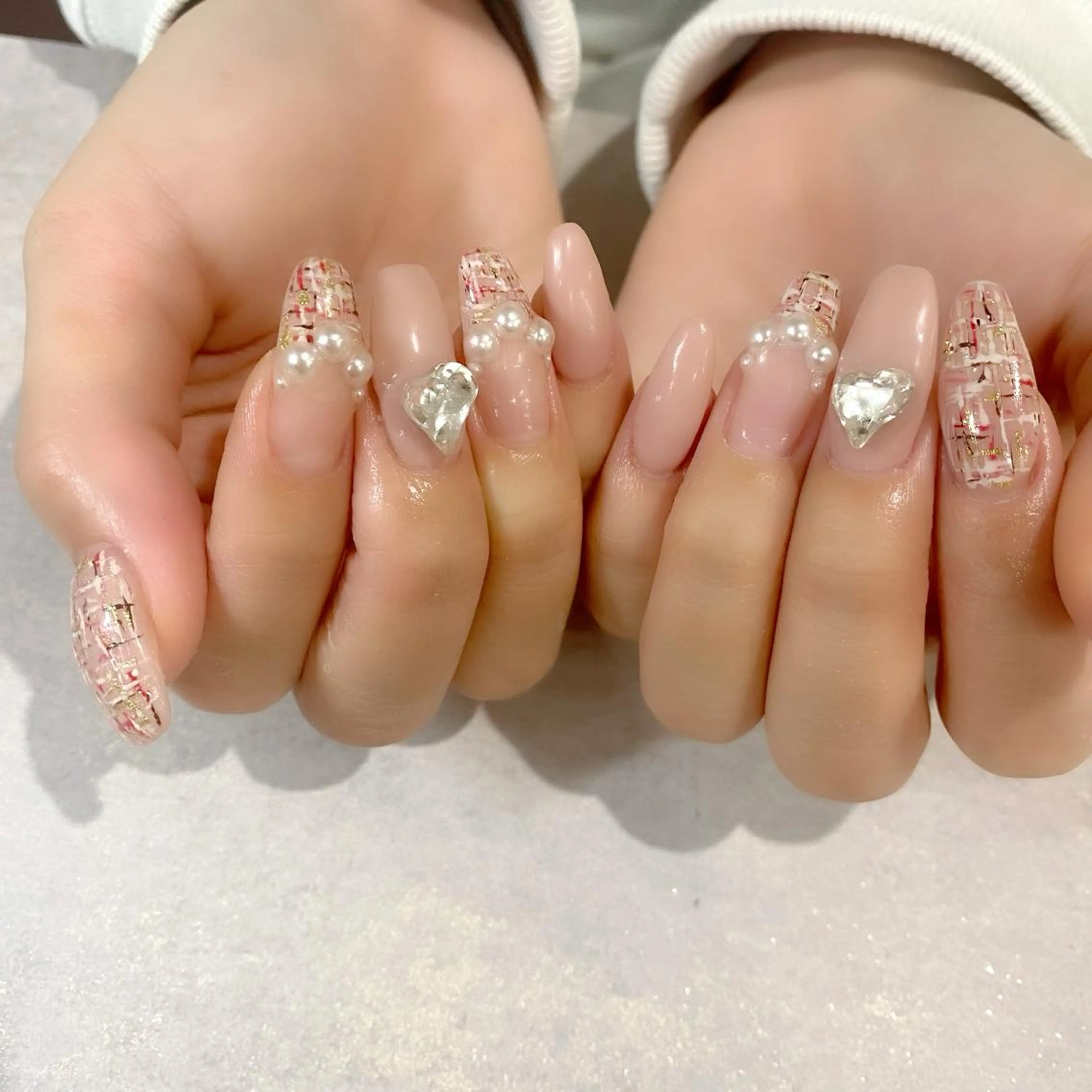 ネイル ハート ロングネイル ツイードネイル 冬ネイル ハンドネイル Salon Ｋのネイルデザイン