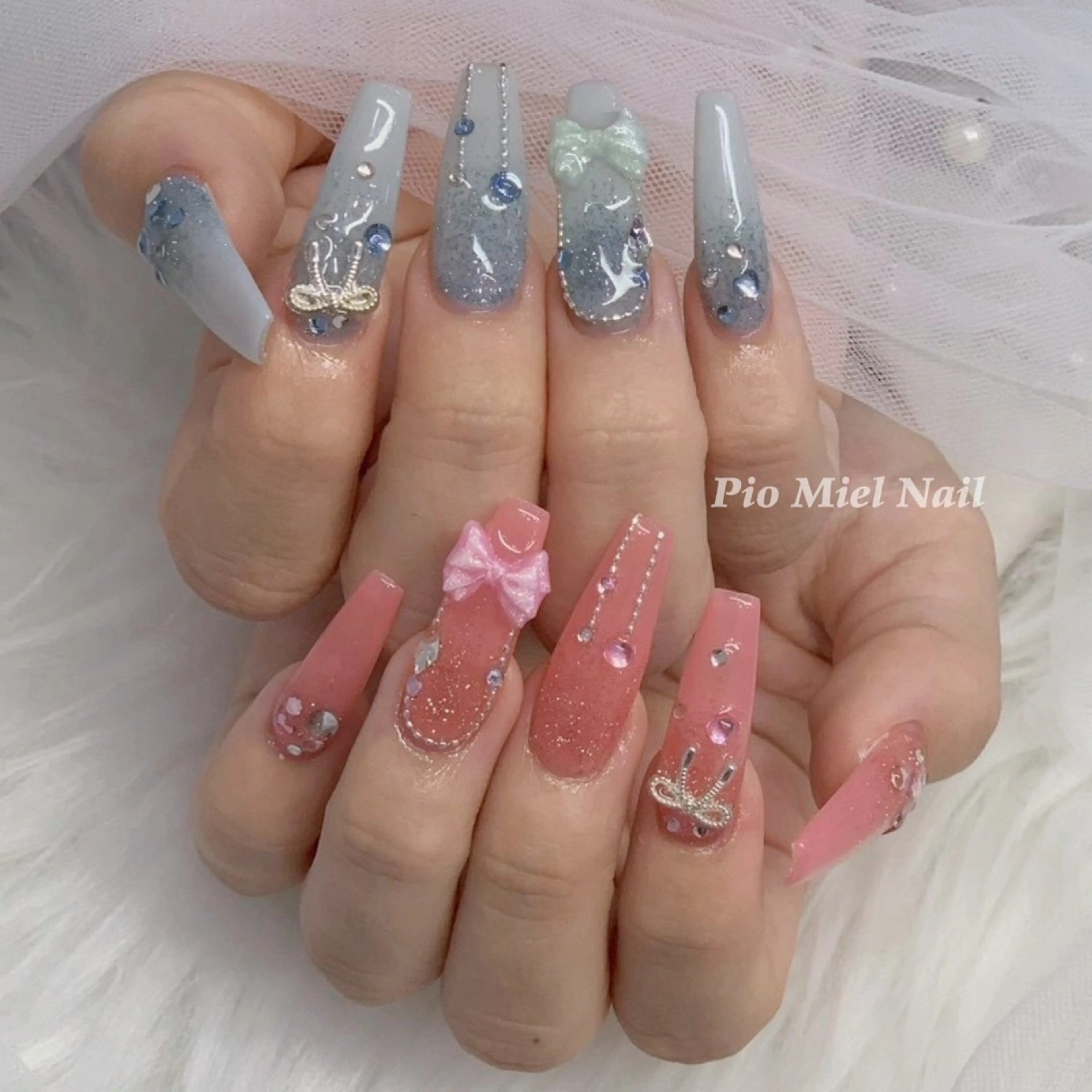 ネイル ハート ラメ(グリッター) ロングネイル 持ち込み ピンク ハンドネイル momo 長さだしのネイルデザイン