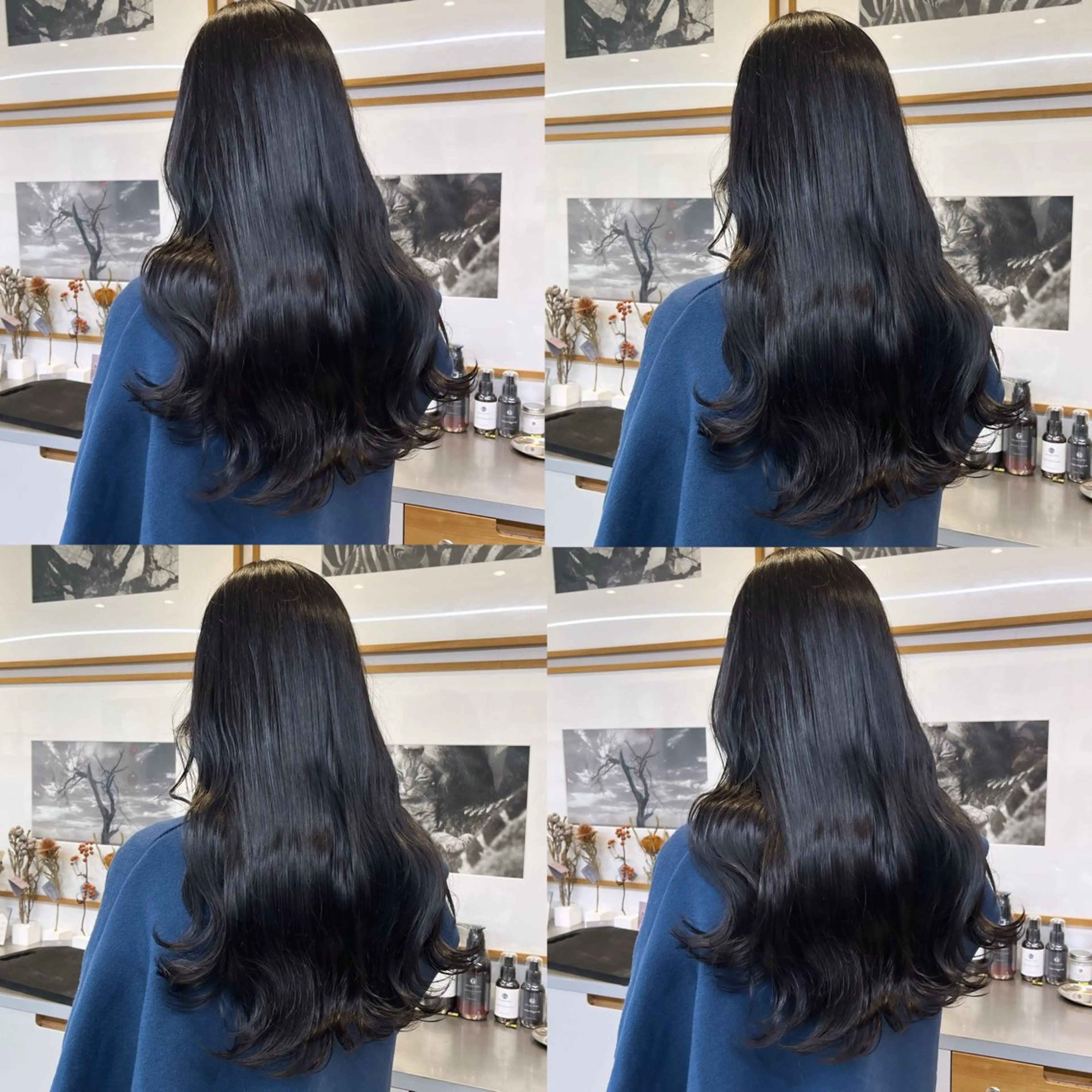 ロング カラー 黒髪 ブルーカラー ブルーブラック グレーブラック ナチュラルブラック ヘアカラー トリートメント ヘッドスパ カジュアルを女っぽく 𝗮𝘆𝗮𝗰𝗼のヘアスタイル