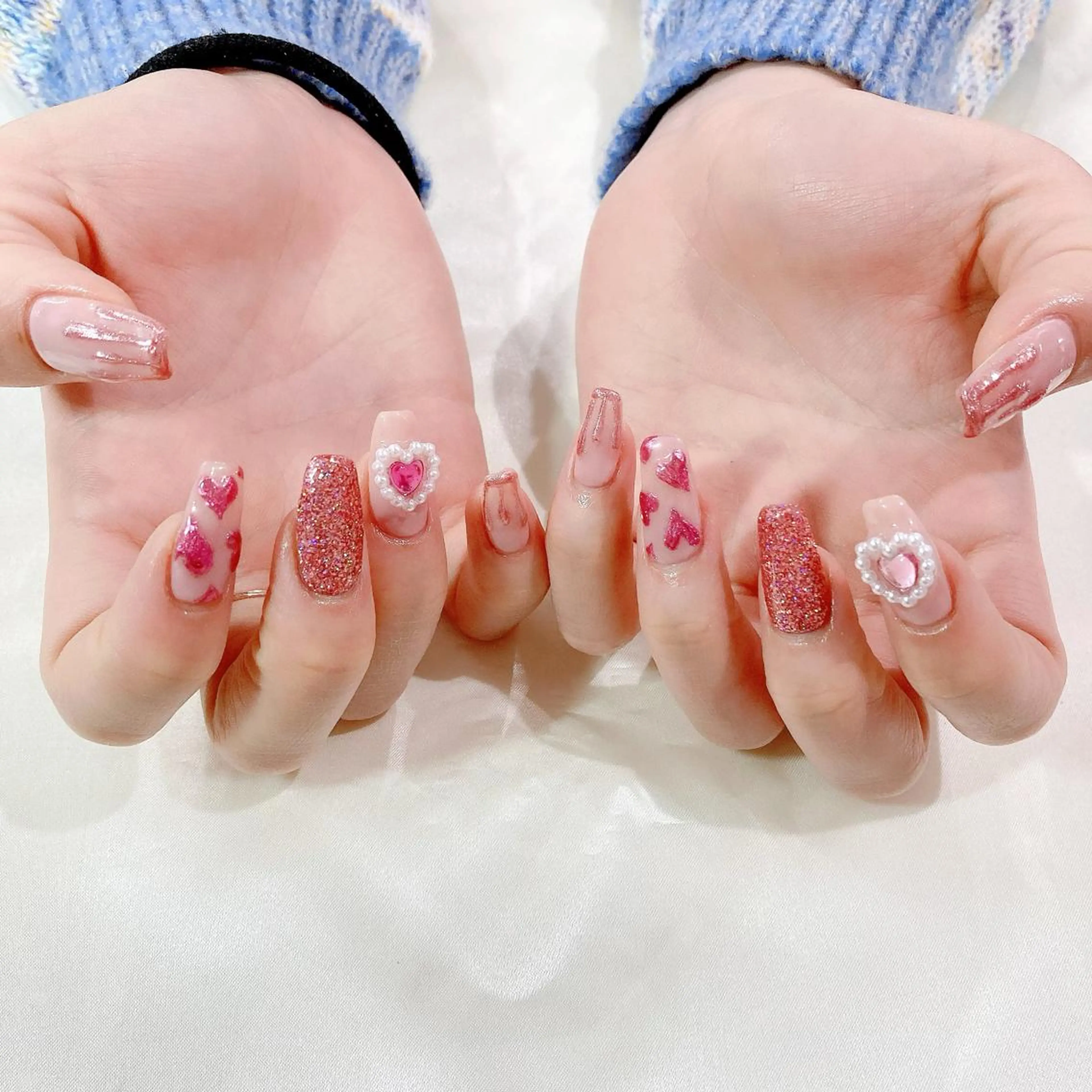 ネイル 入学式 ジェルネイル ハート キラキラネイル ミラーネイル ハンドネイル Nail Kのネイルデザイン
