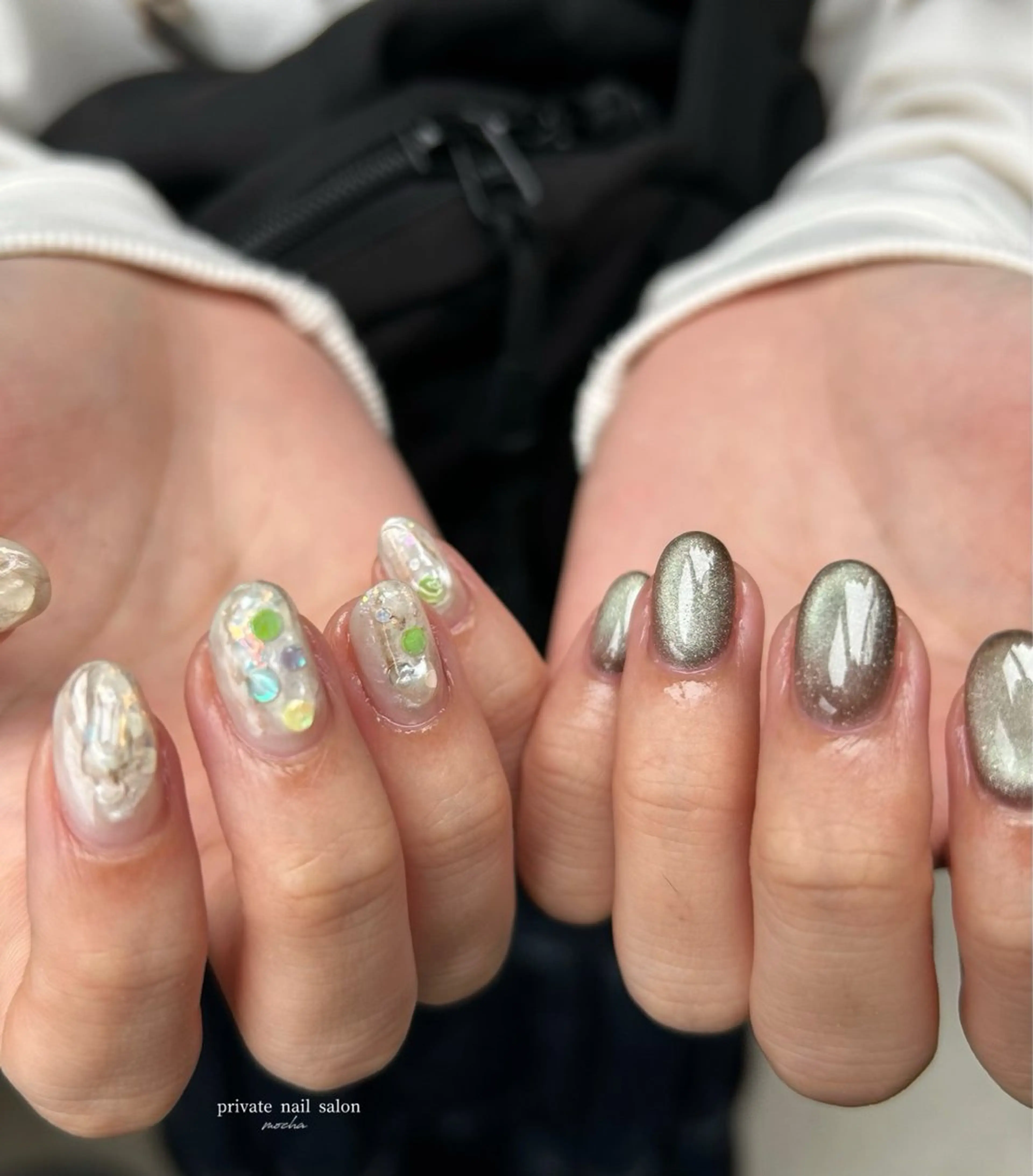ネイル カジュアル フレンチネイル マグネットネイル ミラーネイル ニュアンスネイル ハンドネイル mocha nailのネイルデザイン