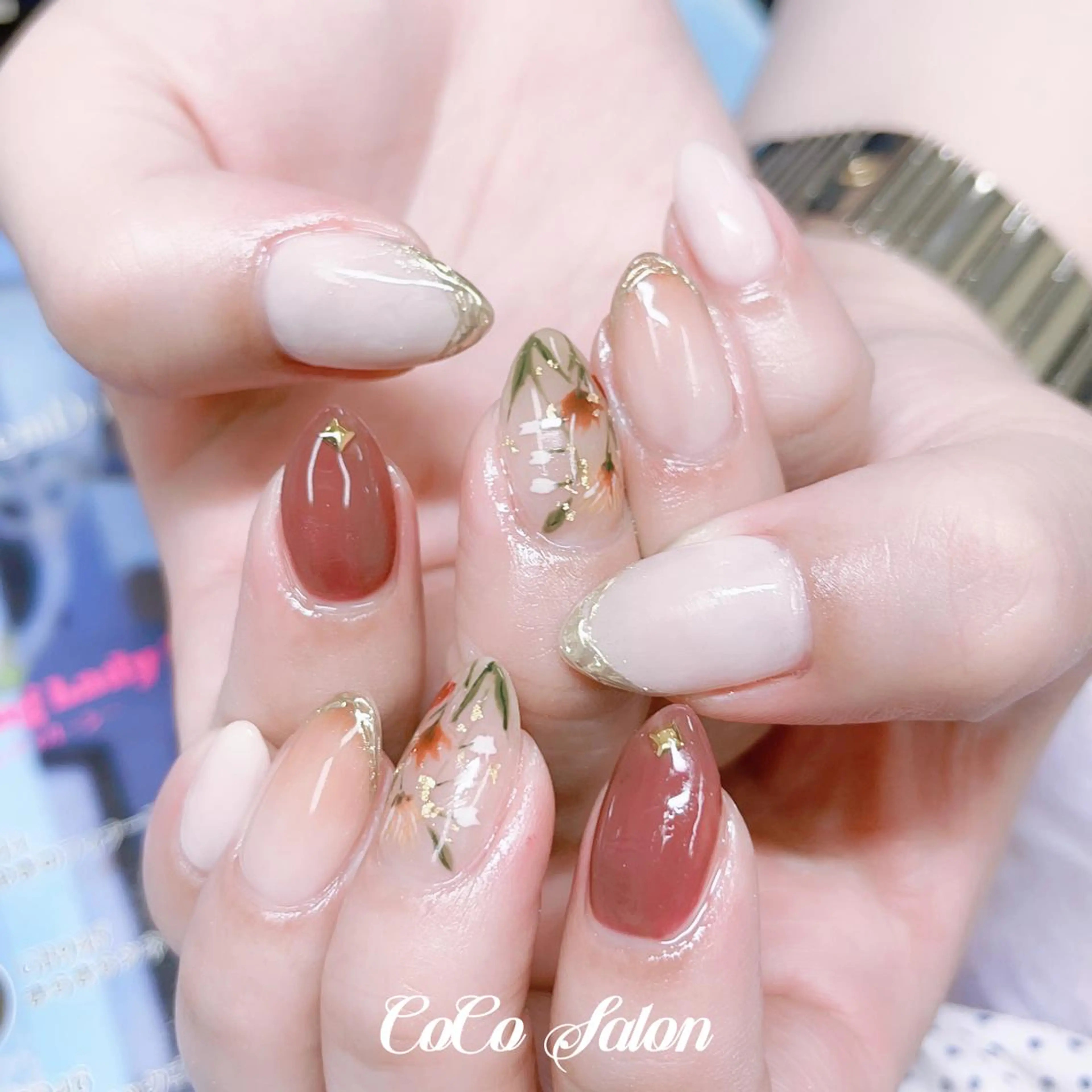 ネイル ボルドー 長さ出し フラワーネイル フレンチネイル ジェルネイル ハンドネイル CoCoSalon ネイル/まつ毛予約のネイルデザイン