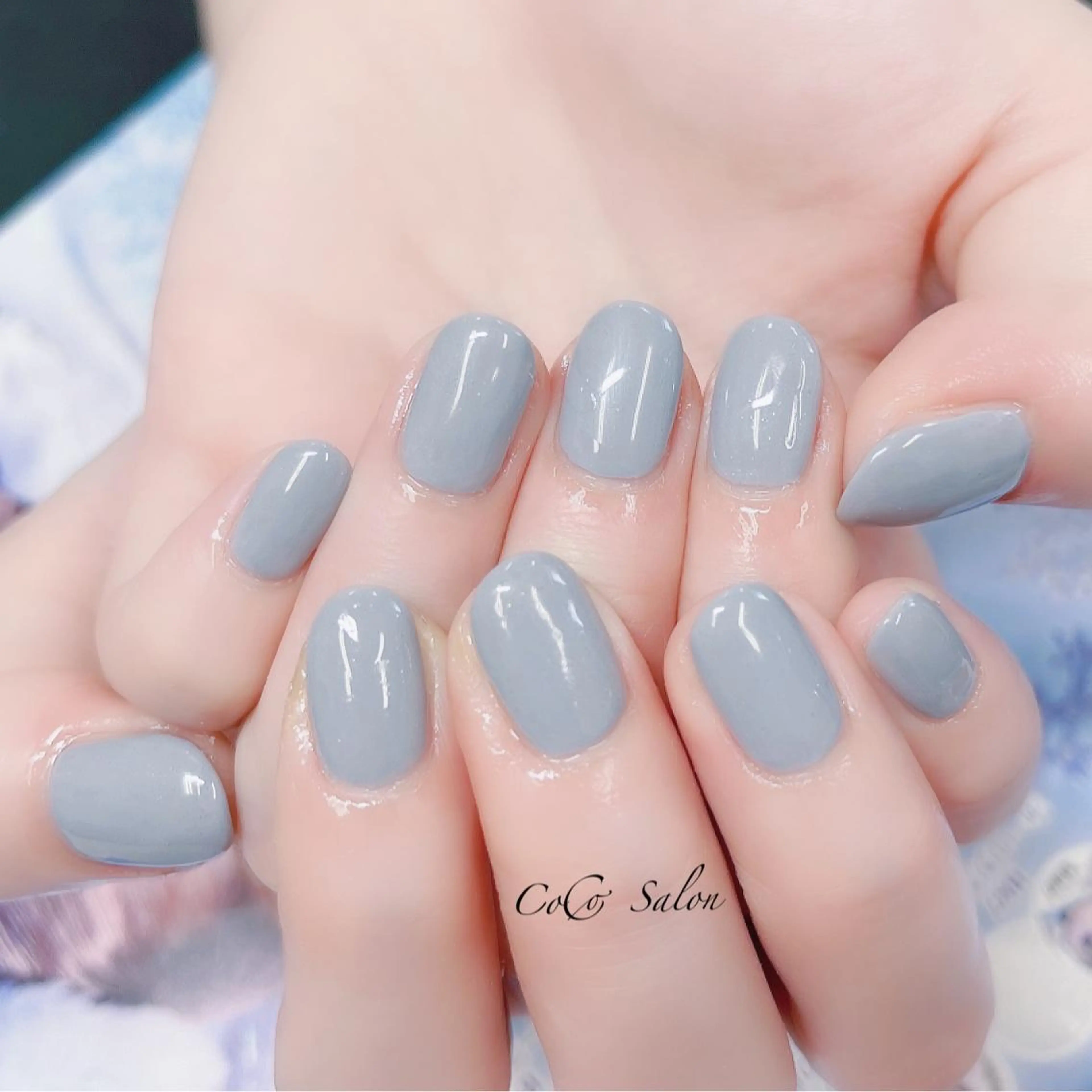 ネイル ブルー 長さ出し ジェルネイル オフィスネイル ワンカラーネイル ハンドネイル CoCoSalon ネイル/まつ毛予約のネイルデザイン