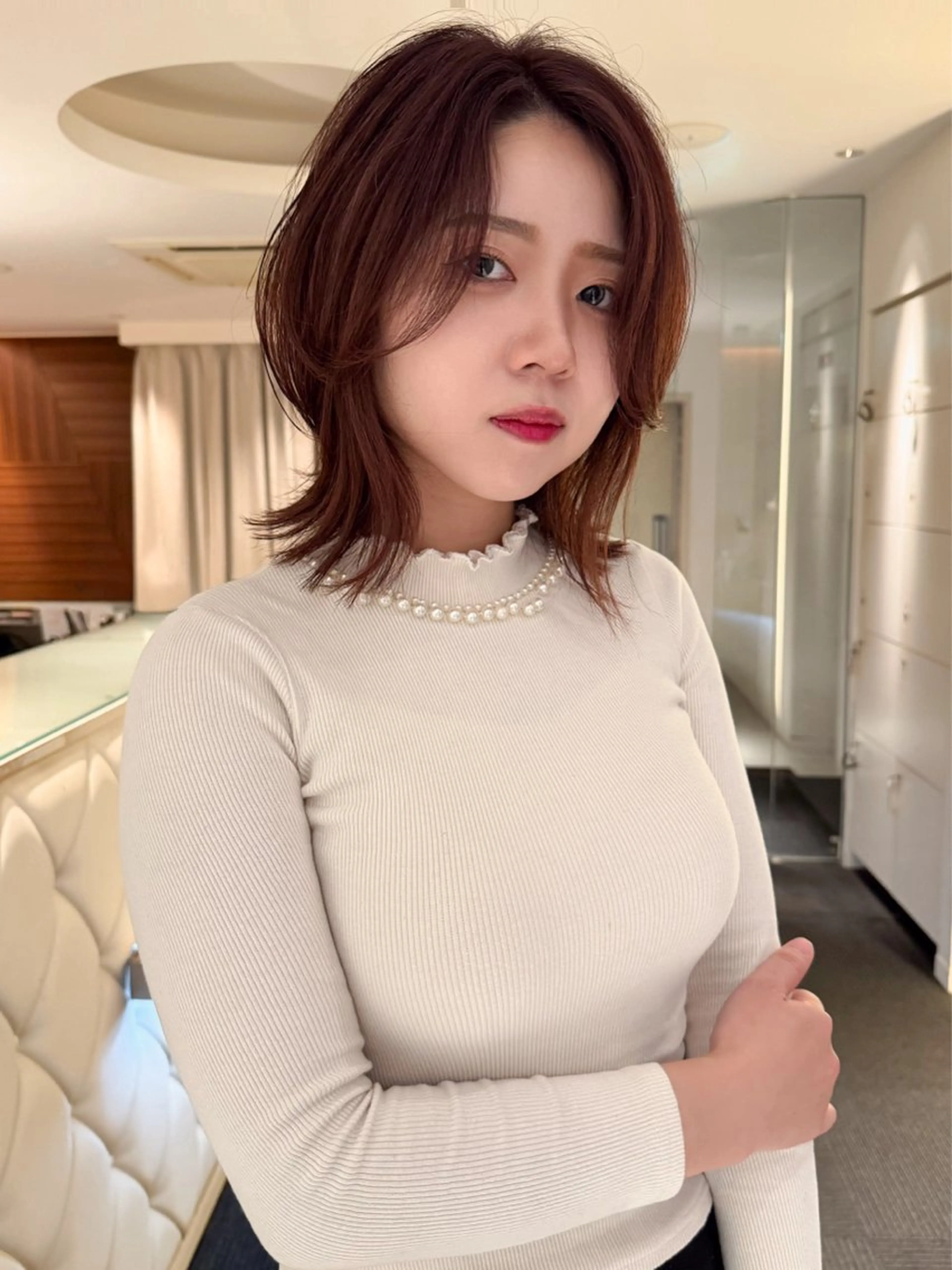 ミディアム ボブレイヤー レッドブラウン ボブ レイヤーカット モデル募集/山田蓮/ レイヤーボブのヘアスタイル