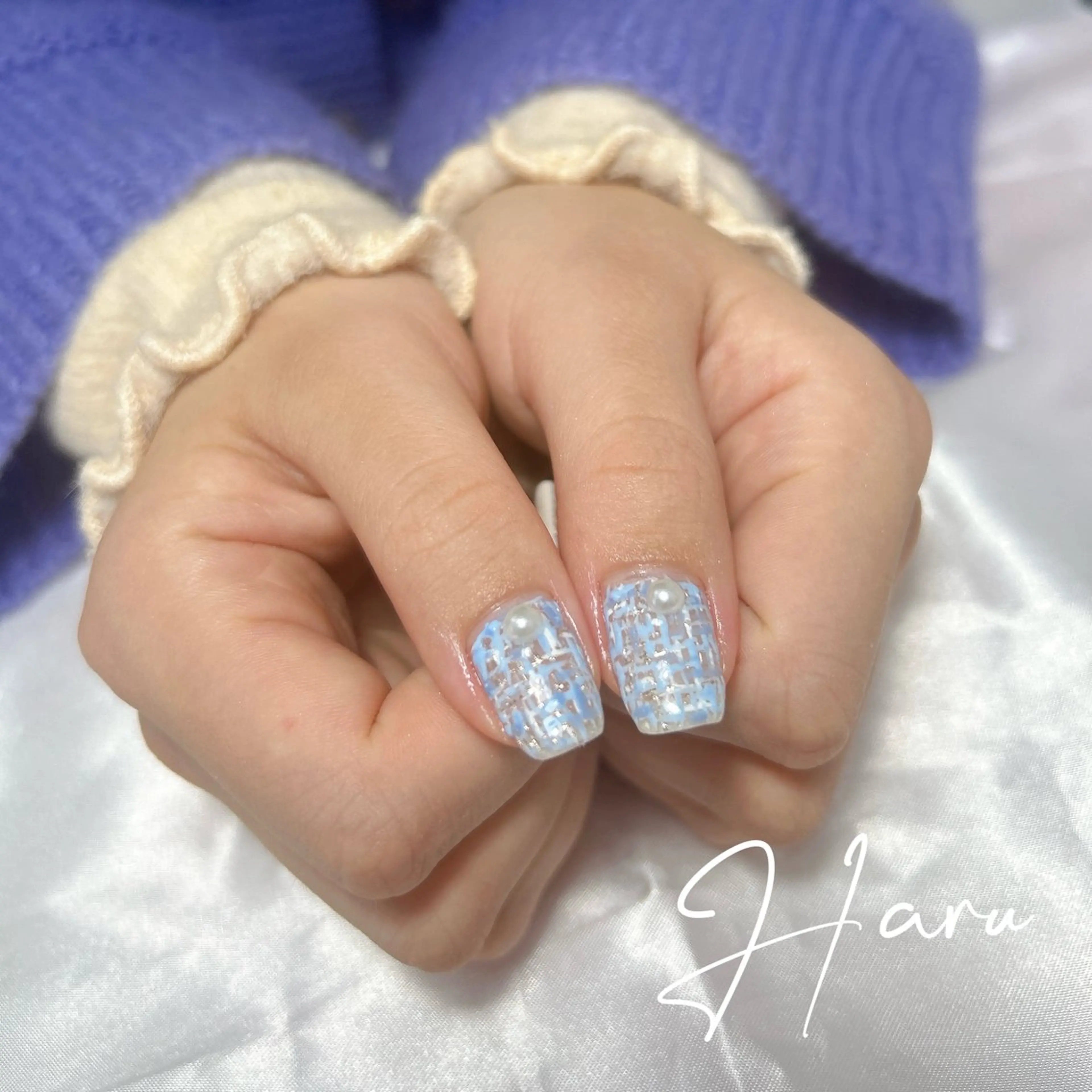 ネイル ブルー ツイードネイル ハンドネイル Haru .mのネイルデザイン