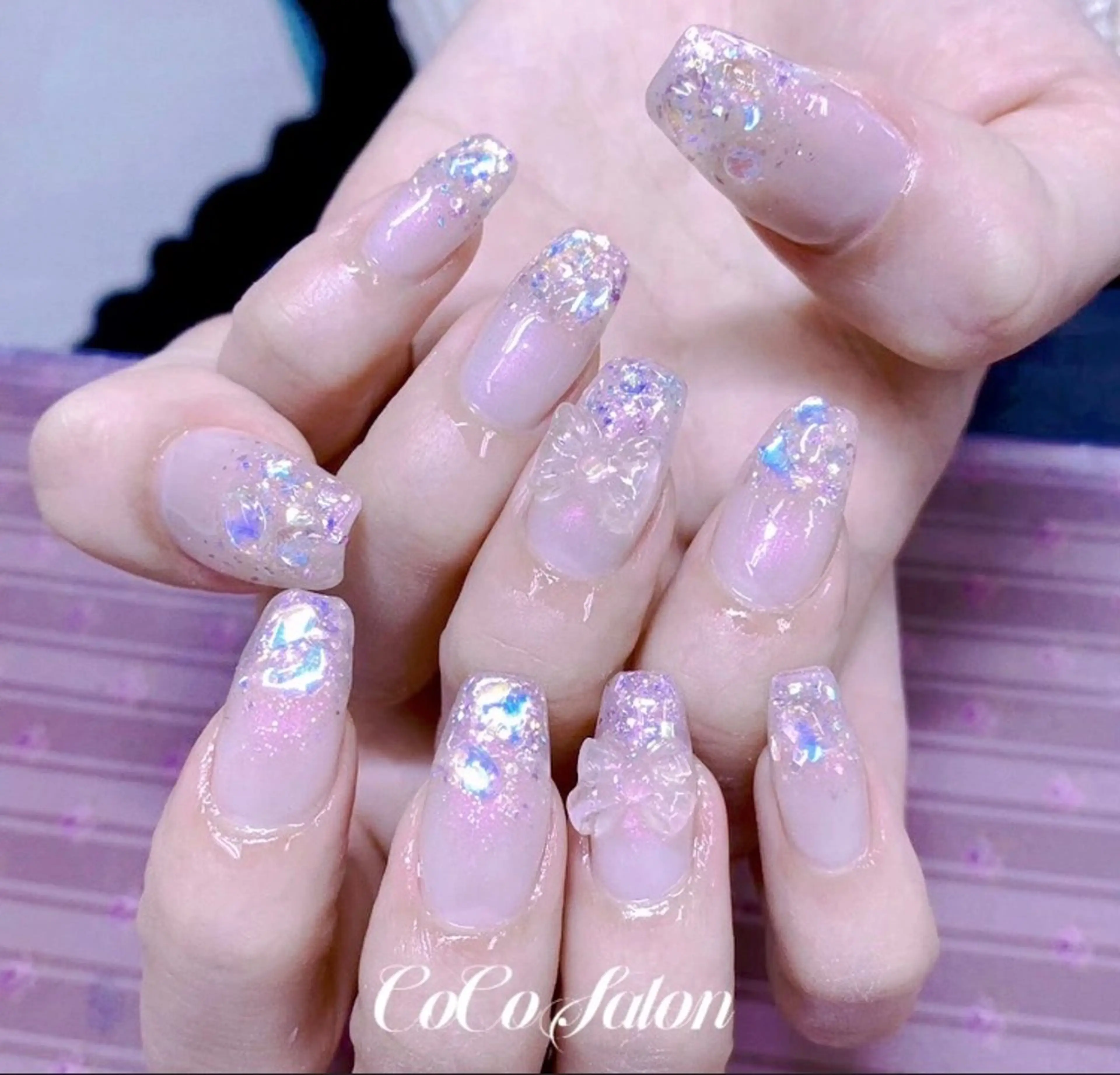 ネイル オーロラネイル クリアネイル ジェルネイル キラキラネイル リボン CoCo Salon ネイル/睫毛/脱毛のマツエク・マツパデザイン