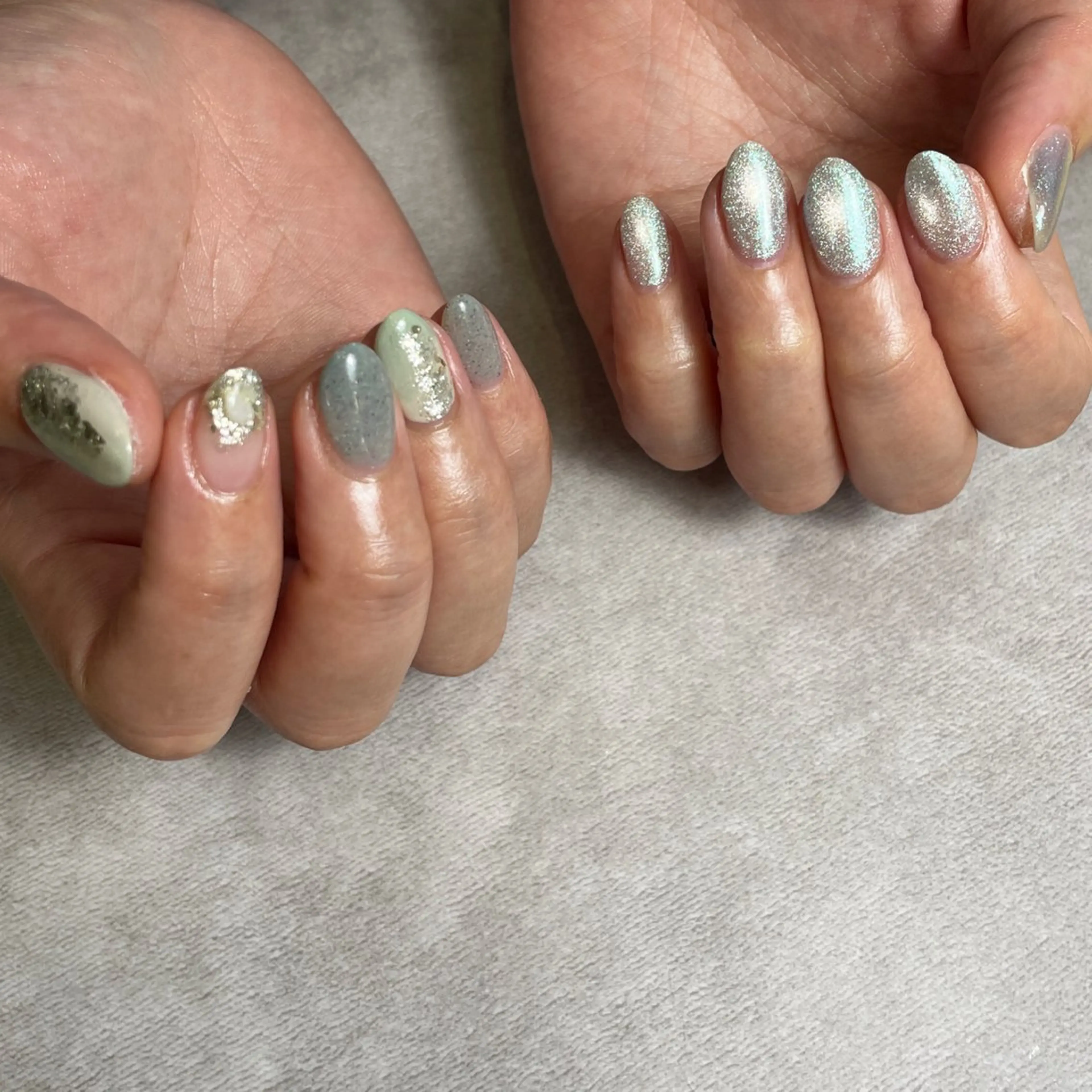ネイル オーロラネイル グリーン キラキラネイル 水色 マグネットネイル K Harukaのネイルデザイン
