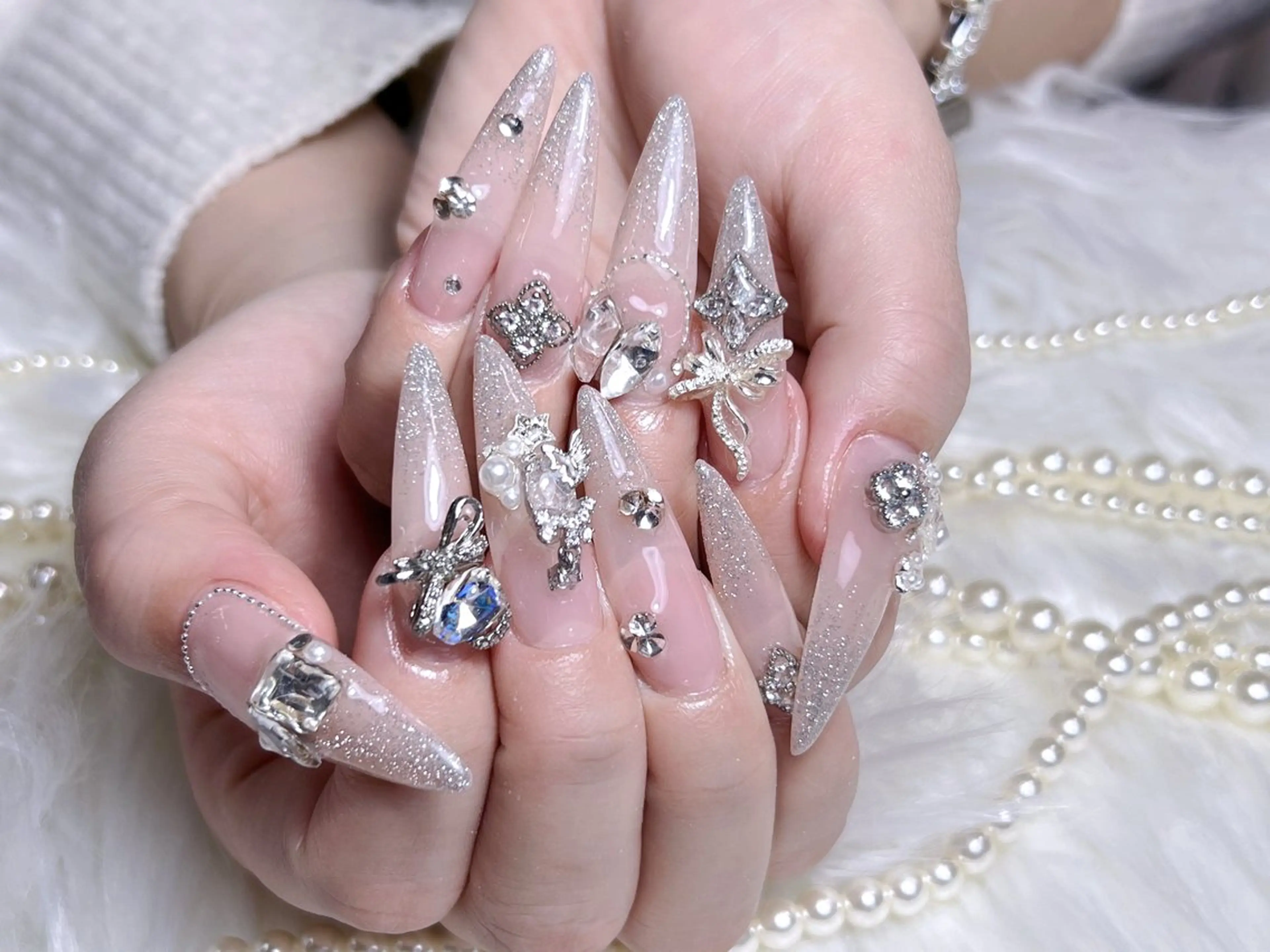 ネイル 長さ出し フレンチネイル ガラスフレンチ ハート キラキラネイル ハンドネイル Moa nailのネイルデザイン