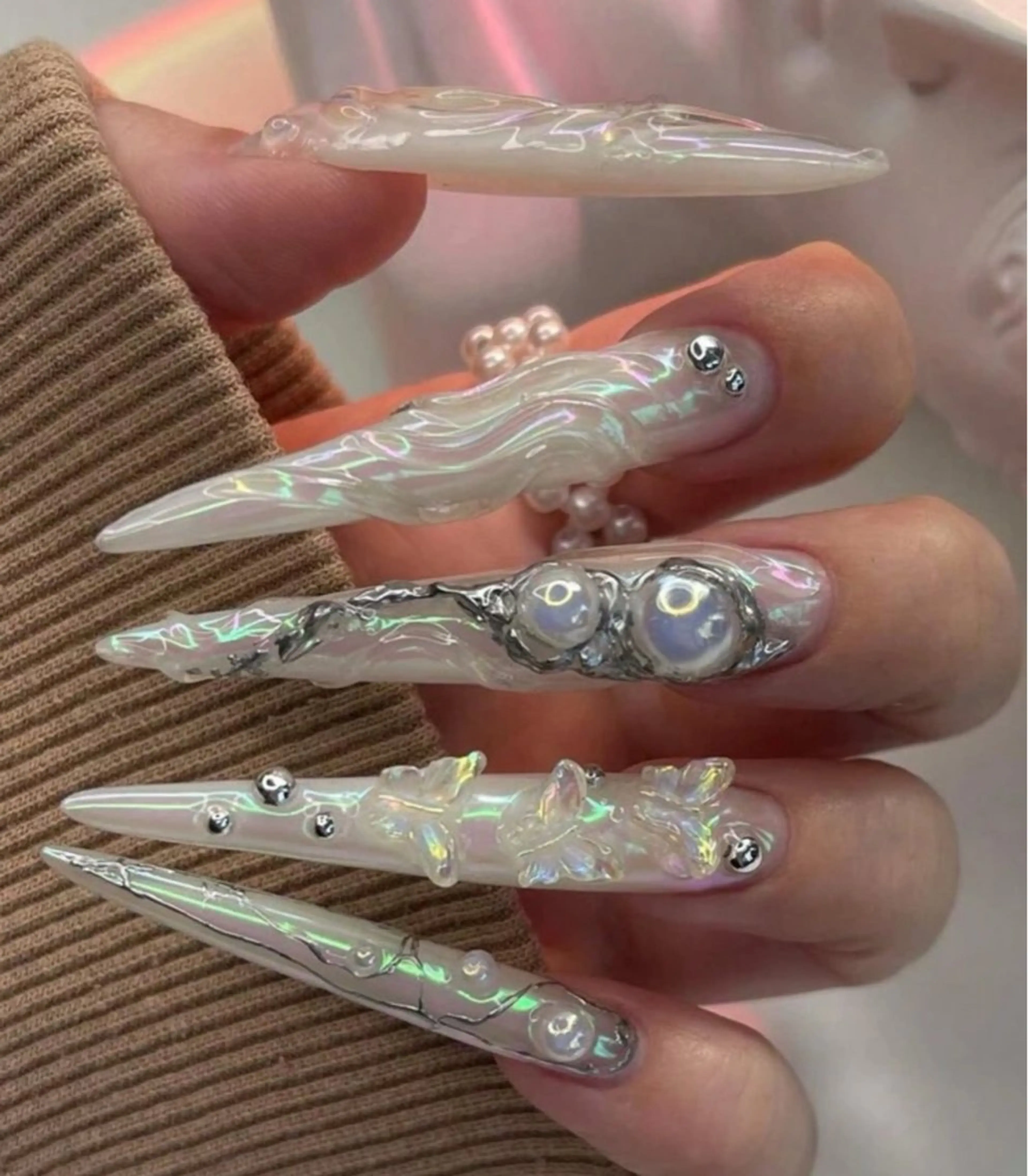 ネイル オーロラネイル フレンチネイル グラデーション 氷ネイル・うるうるネイル キラキラネイル ハンドネイル H.baby Nail Salonのネイルデザイン