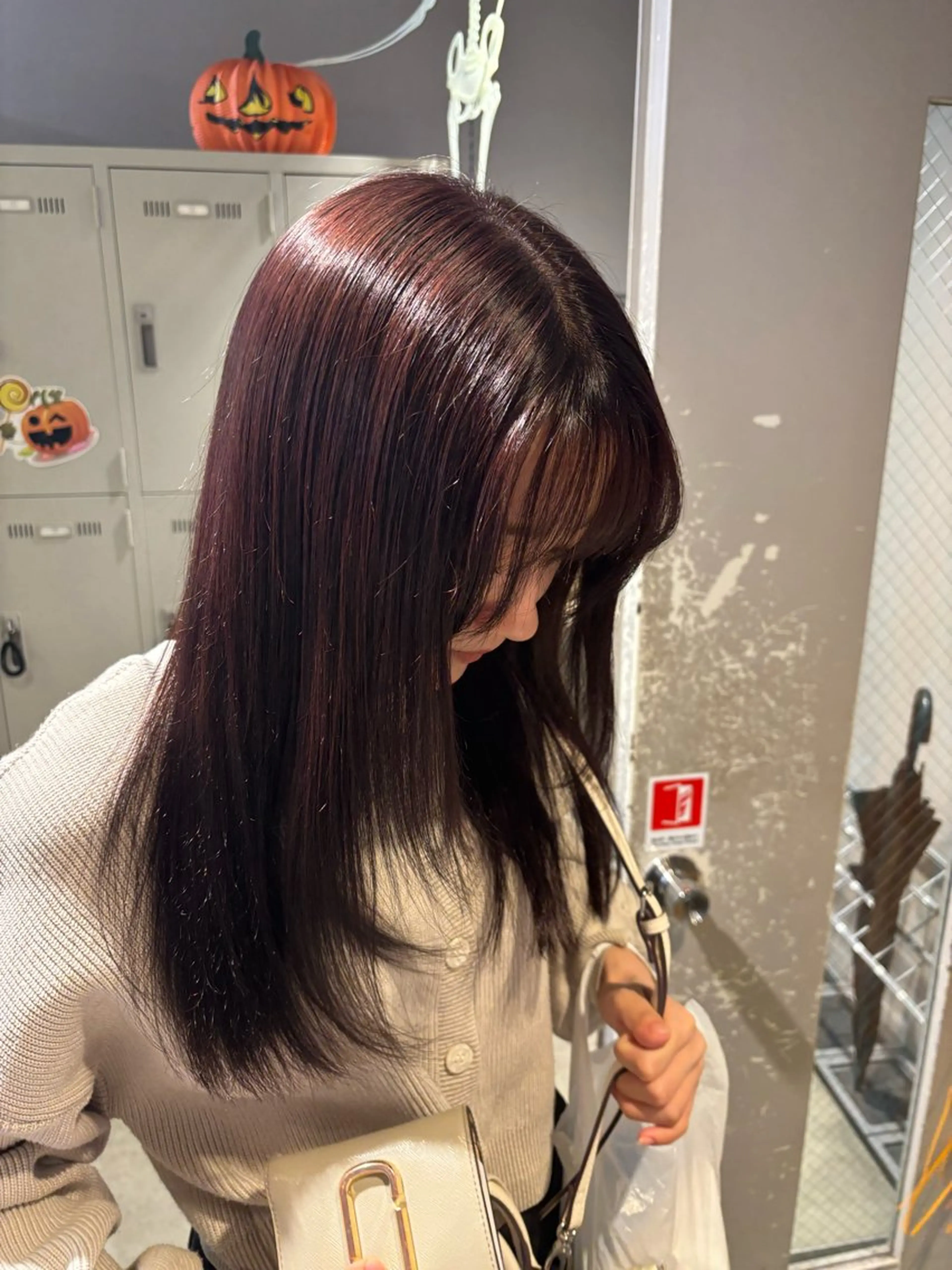 ミディアム カラー ブリーチ ブラウンカラー カシス ラベンダーカラー ブリーチなしカラー 表参道ハッシュカット レイヤー/リノンのヘアスタイル