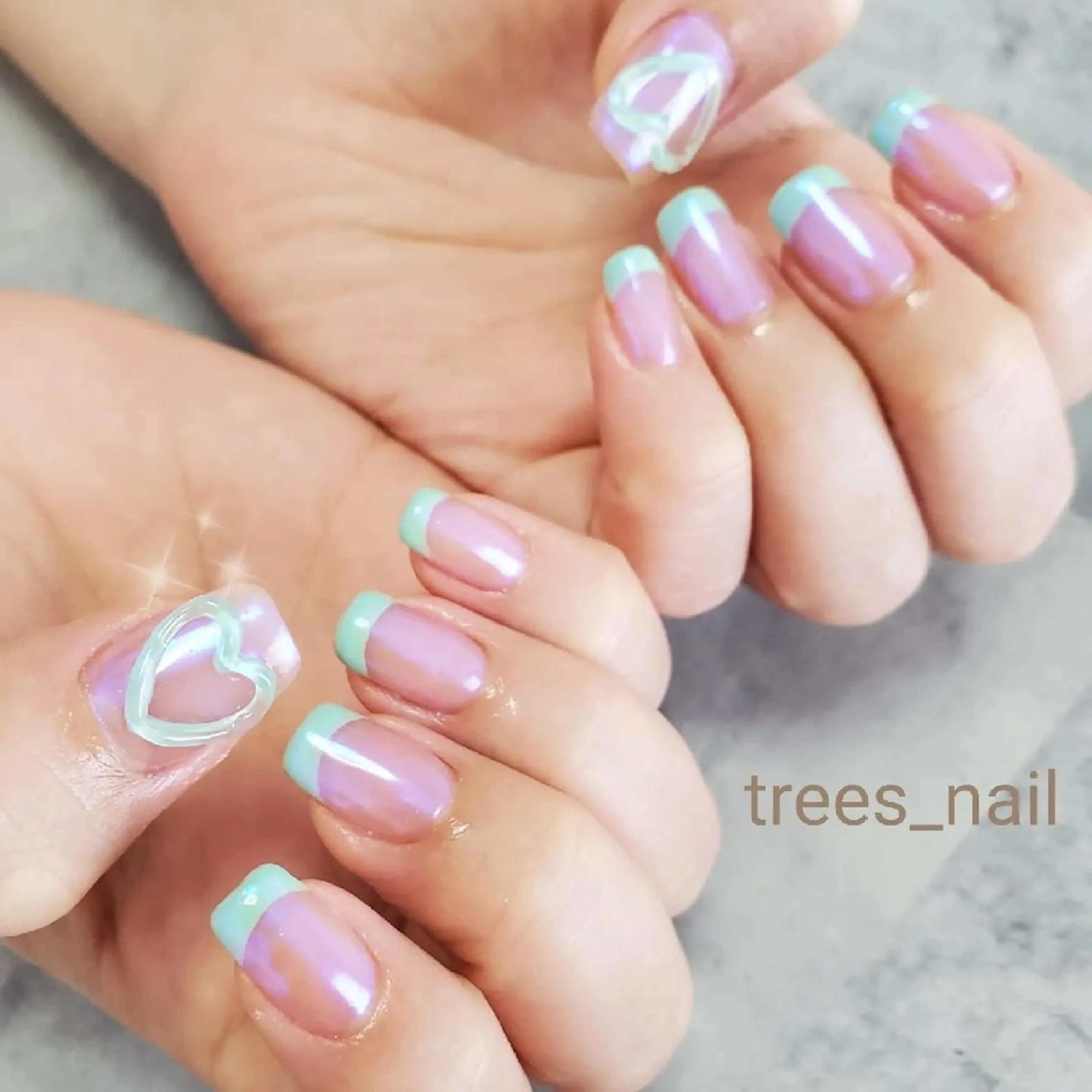 ネイル ブルー フレンチネイル グリーン ハート ミラーネイル ハンドネイル フットネイル trees_ nailのネイルデザイン