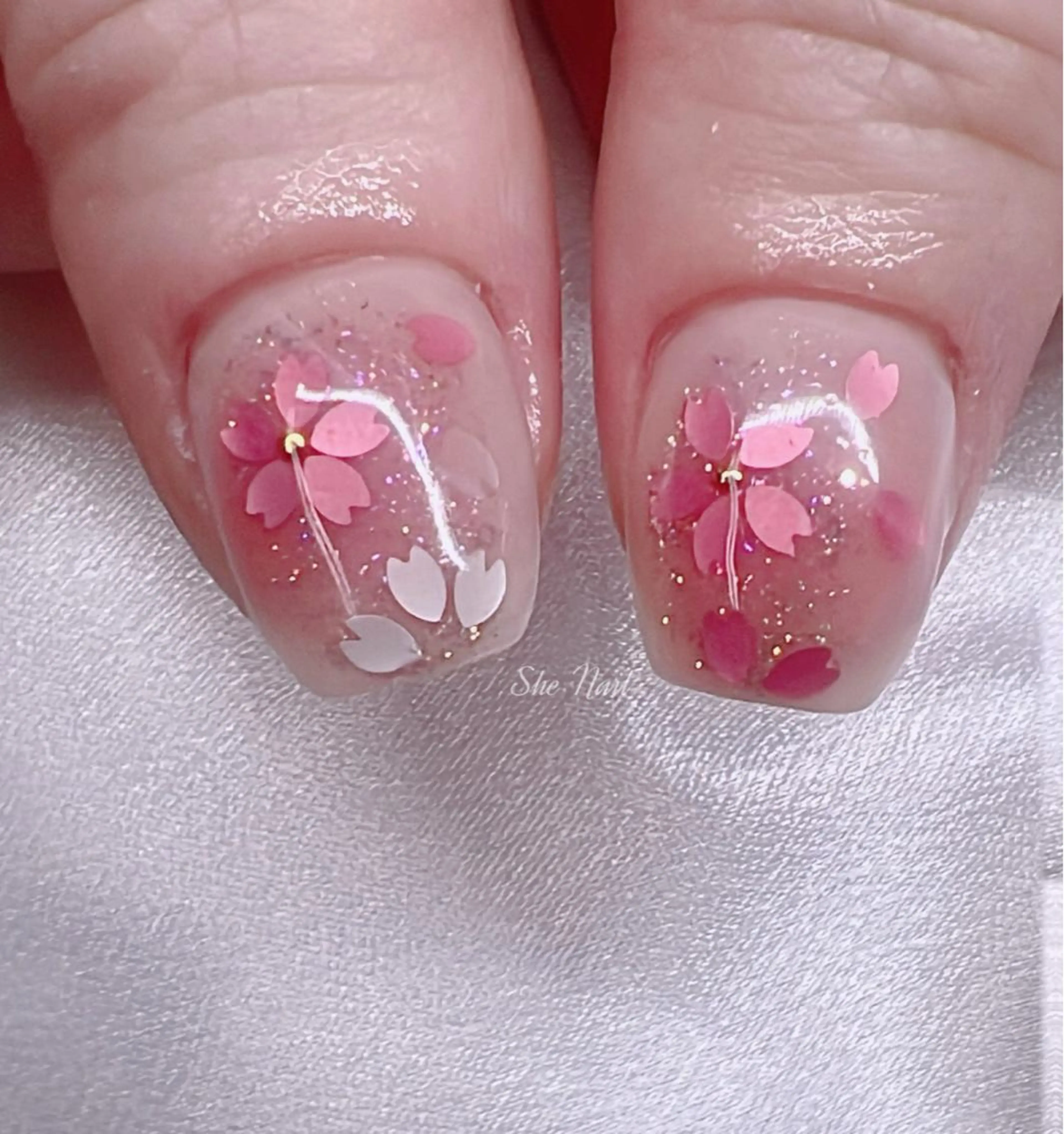 ネイル チークネイル 桜ネイル 長さ出し フレンチネイル ガラスフレンチ ハンドネイル She   Nail所属・ISA_ BELLAのネイルデザイン