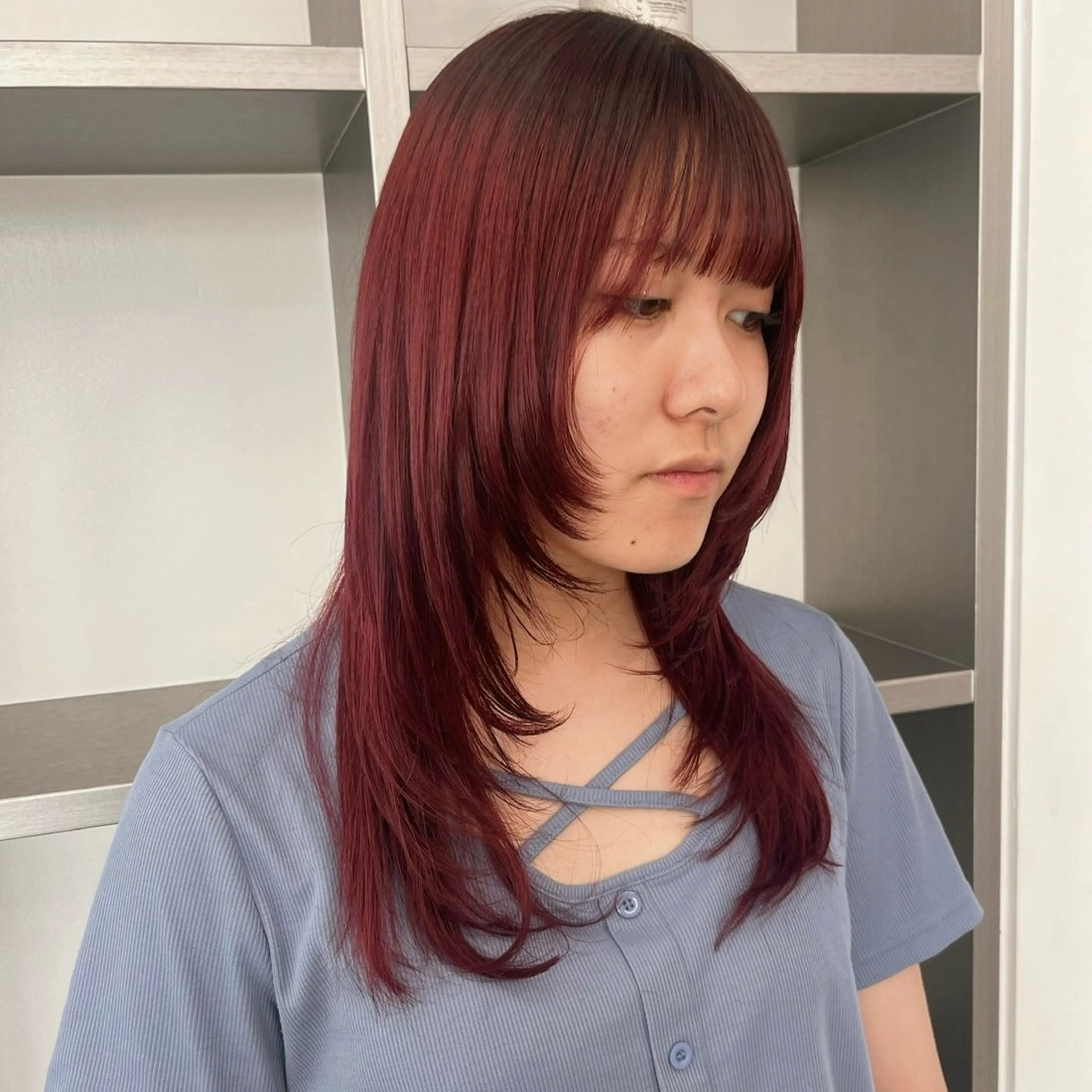 セミロング カラー ブリーチ レッドカラー レイヤーカット カット ヘアカラー トリートメント 🍒暖色✖️レイヤー ／Haruna🍒のヘアスタイル